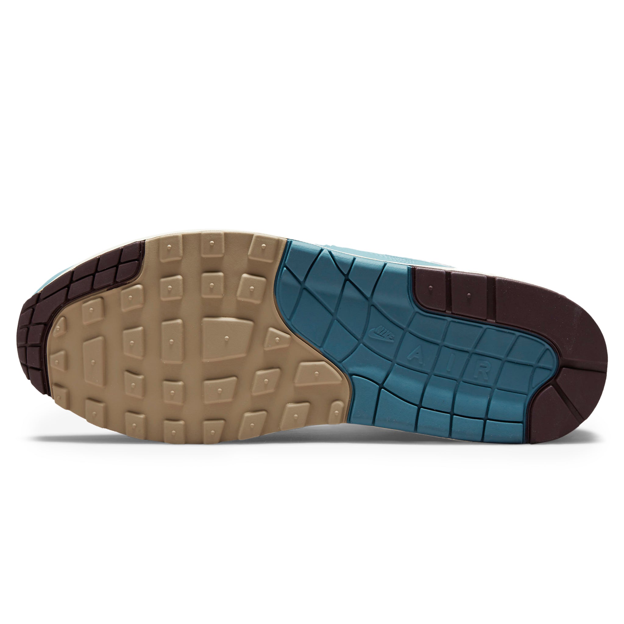 Sole view of Nike Air Max 1 Patta Waves Noise Aqua (With Bracelet) DH1348-004