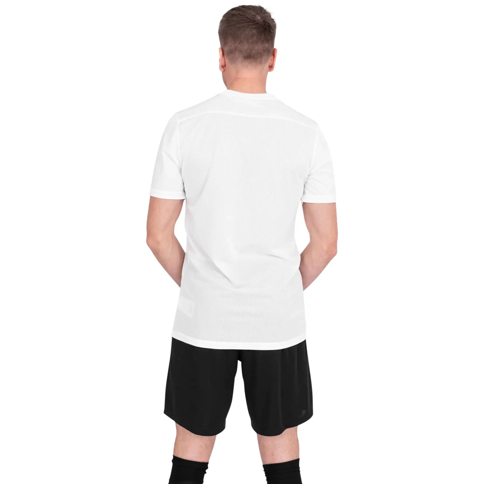 Model back T Shirt view of Nike Dri-FIT Park III White Black T-Shirt & Shorts BV6708-100