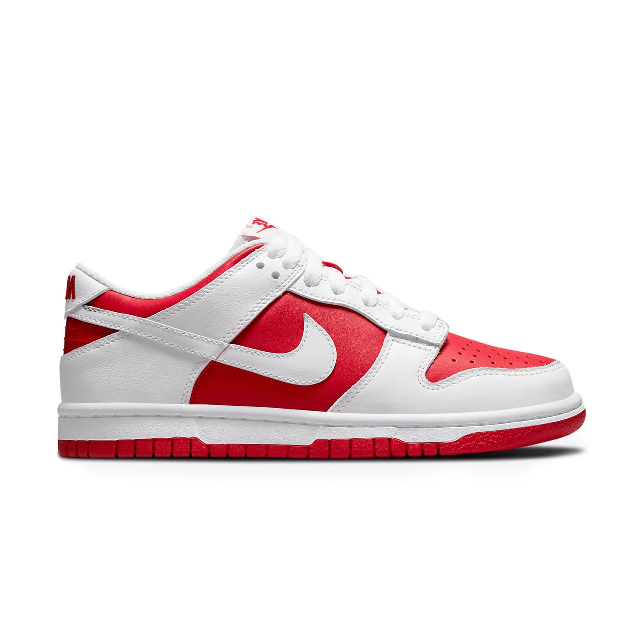 Side view of Nike Dunk Low Championship Red (2021) (GS) CW1590-600