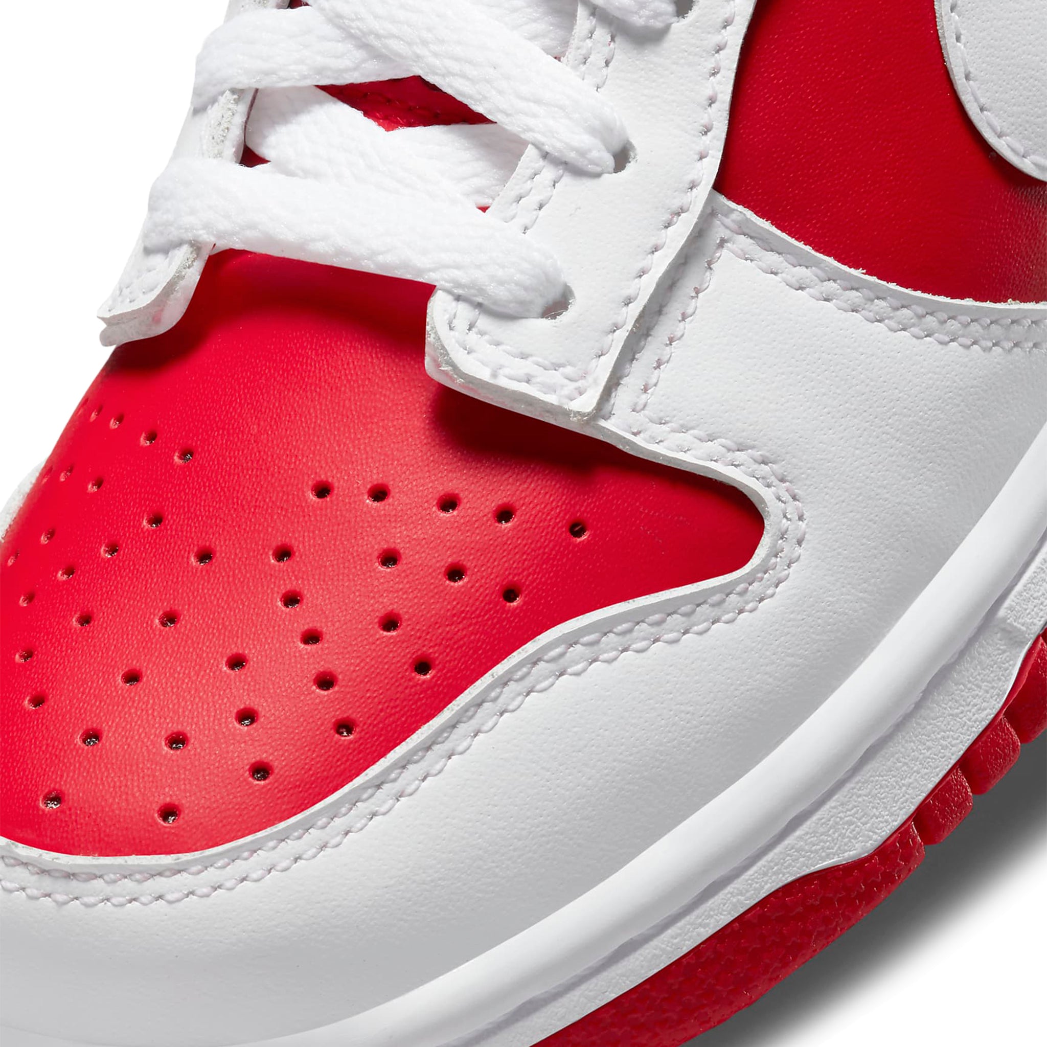 Toe box view of Nike Dunk Low Championship Red (2021) (GS) CW1590-600