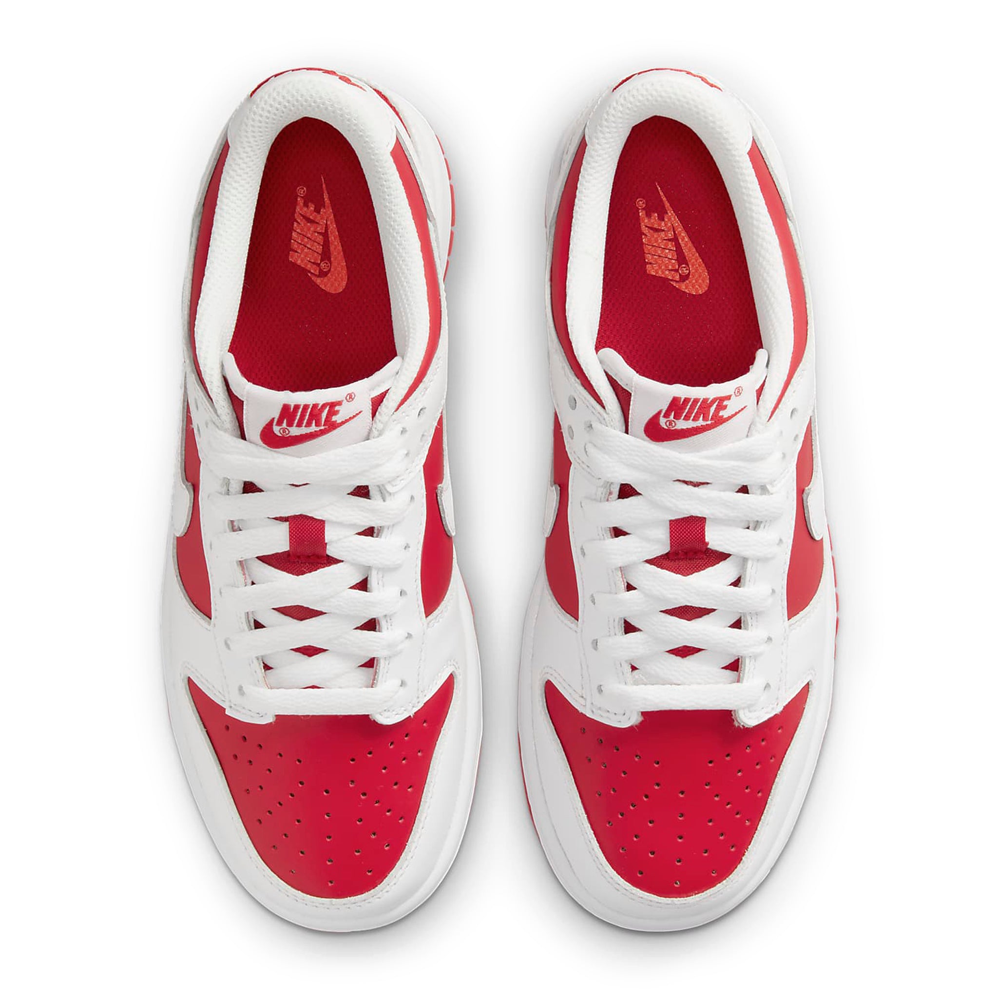 Top down view of Nike Dunk Low Championship Red (2021) (GS) CW1590-600