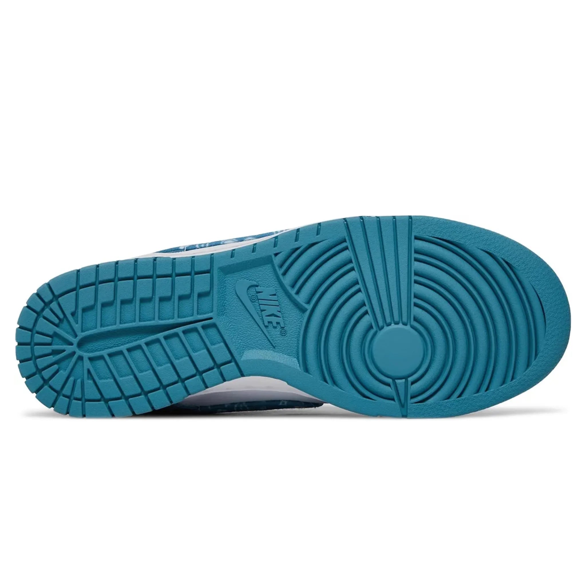 Sole view of Nike Dunk Low Essential Paisley Pack Blue (W) DH4401-101