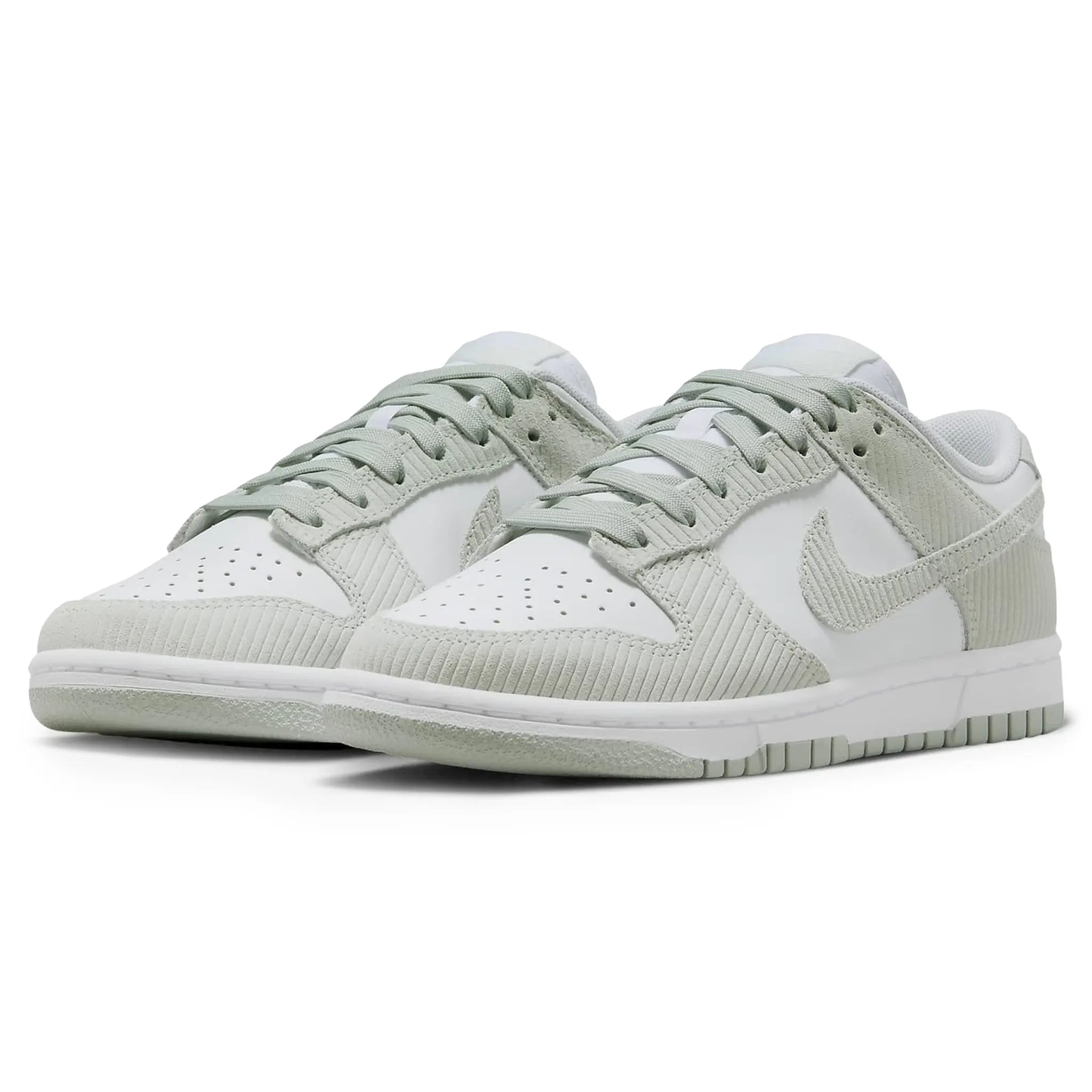 Front side view of Nike Dunk Low Light Silver Corduroy (W) FN7658-100