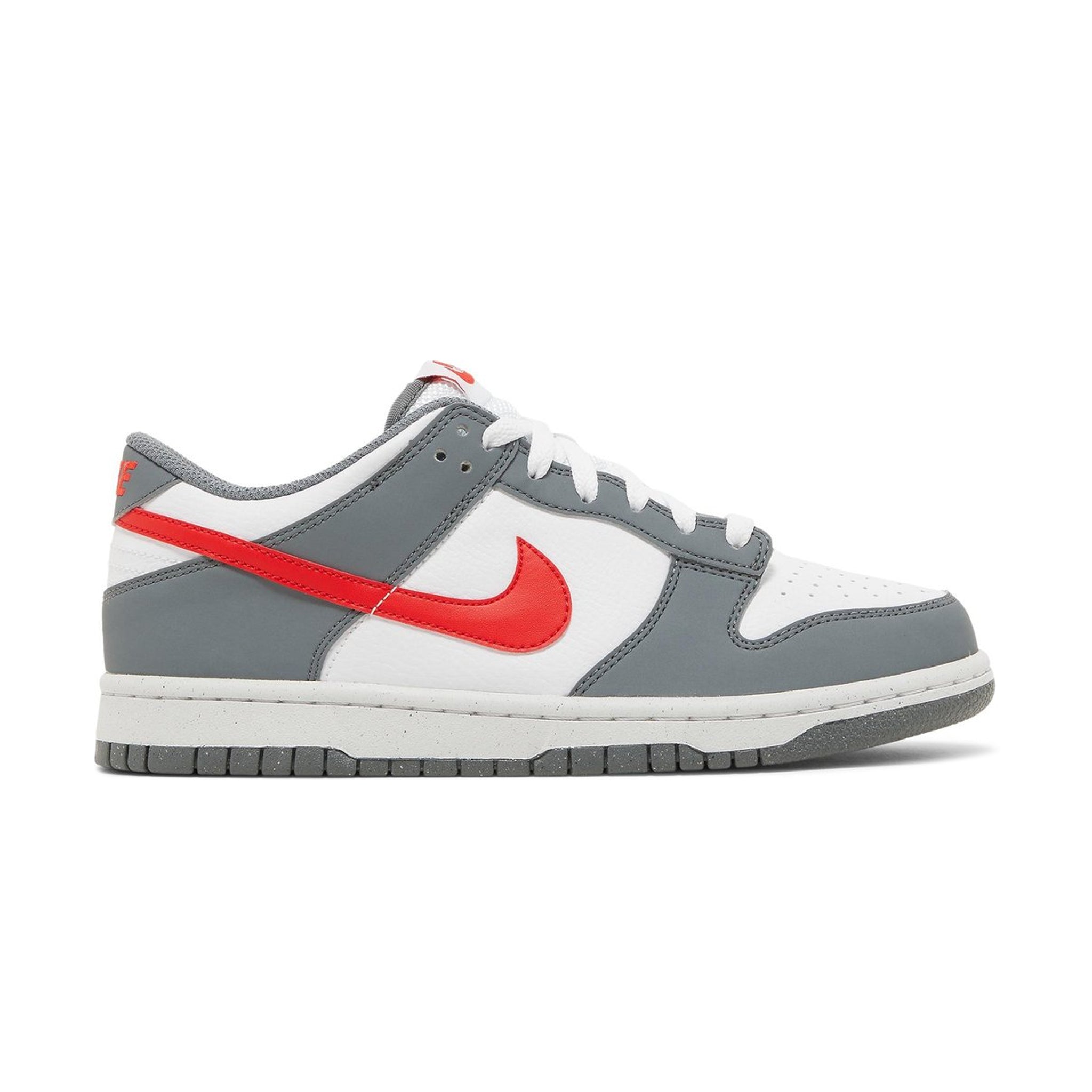Side view of Nike Dunk Low Next Nature Smoke Grey Light Crimson (GS) FB8038-001