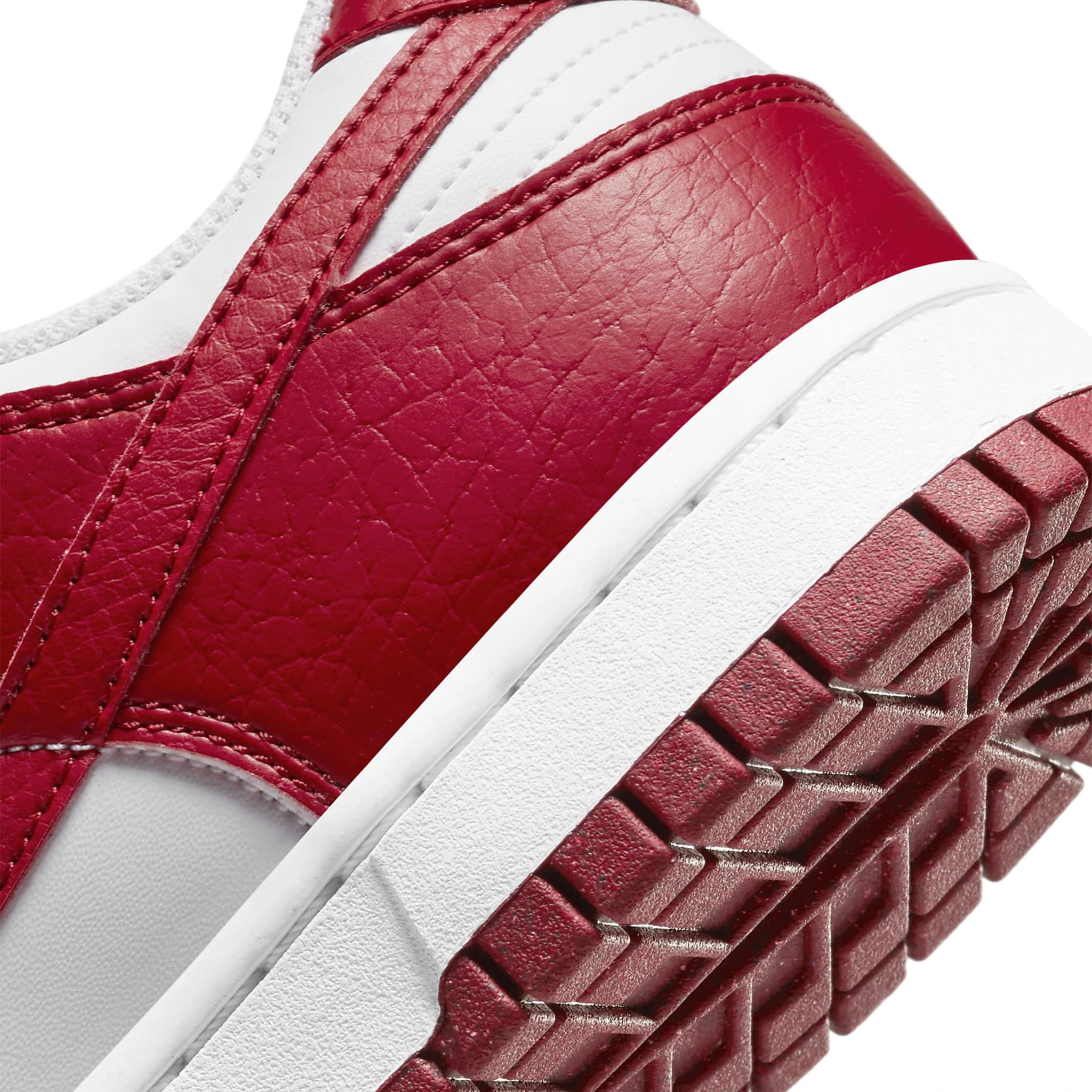 Heel view of Nike Dunk Low Next Nature White Gym Red (W) DN1431-101