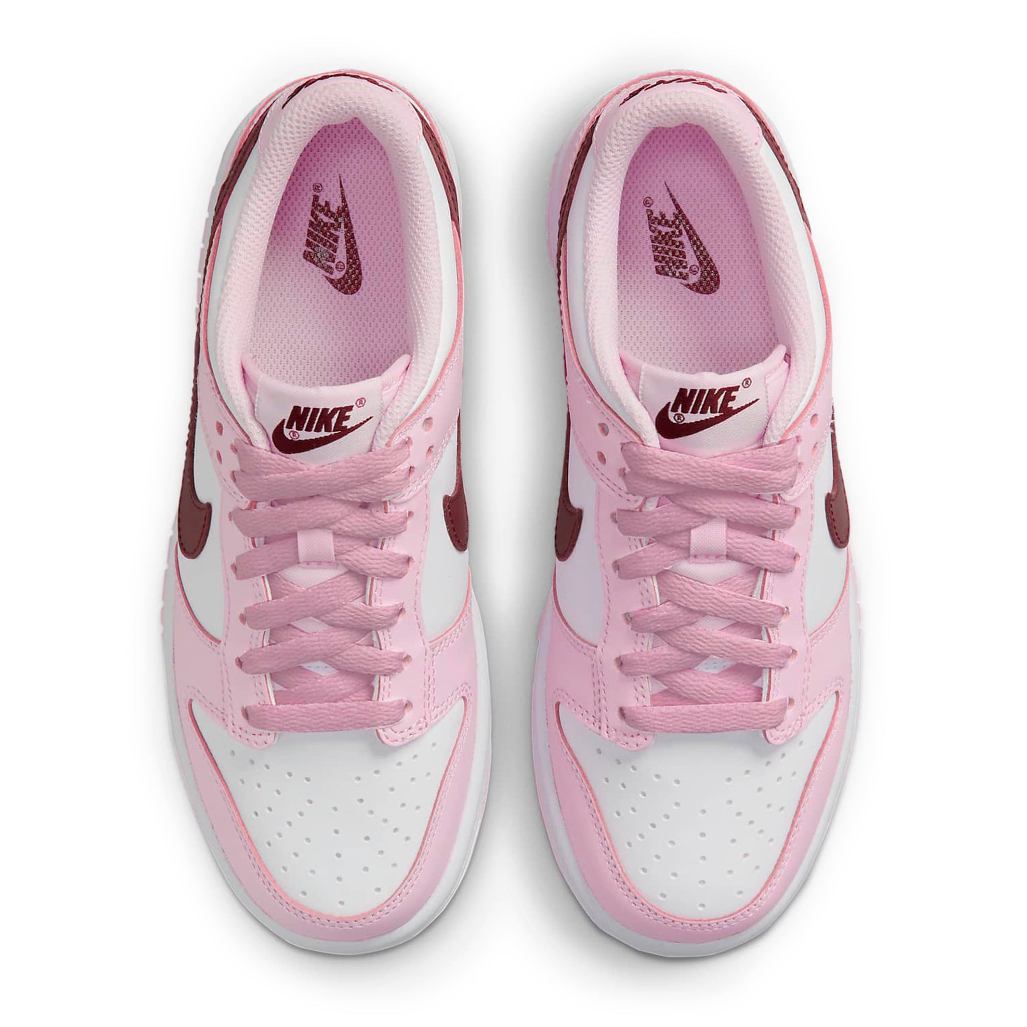 Top down view of Nike Dunk Low Pink Red White (GS) CW1590-601