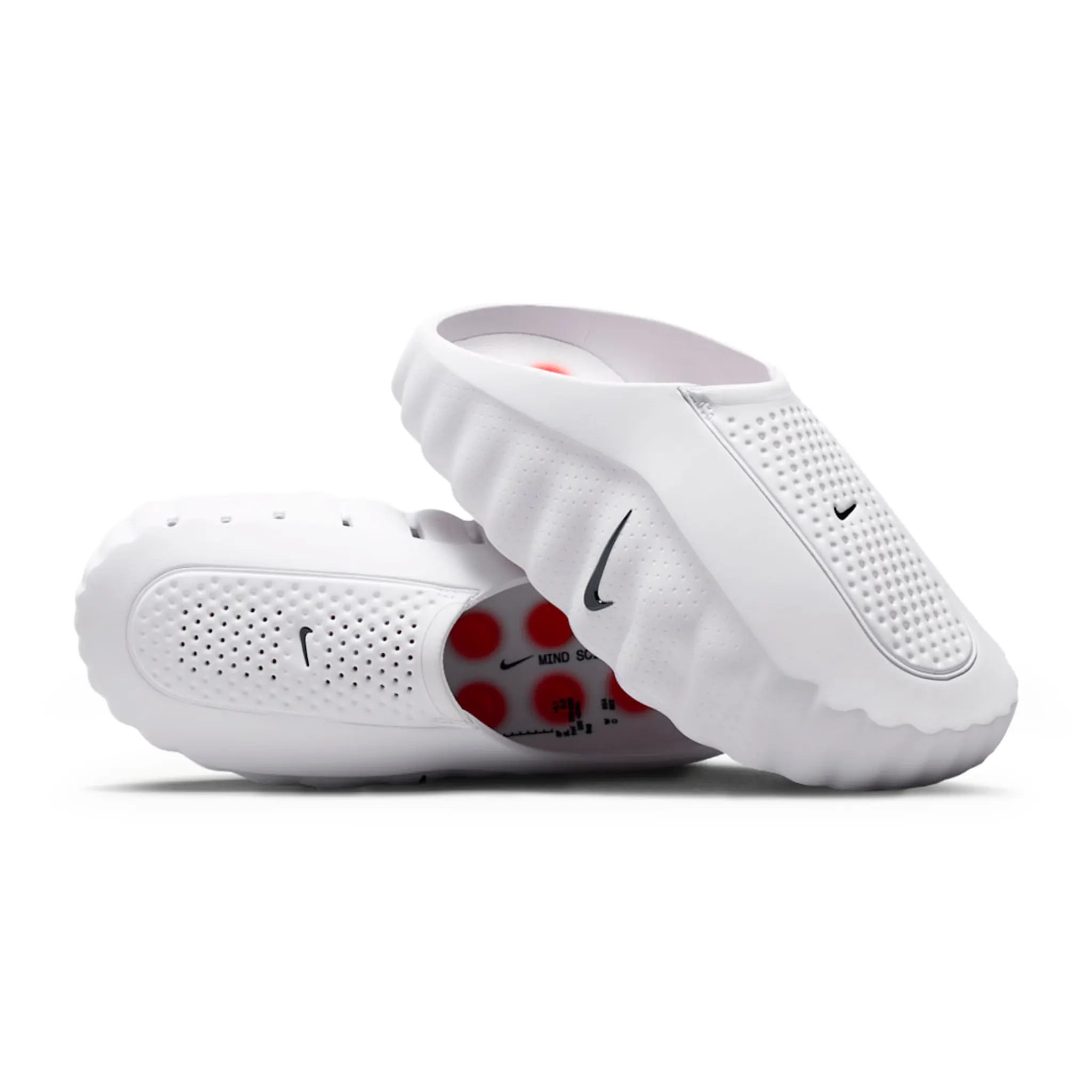 Front Side View of Nike Mind 001 Pregame White Speed Red Mules HQ4307-001