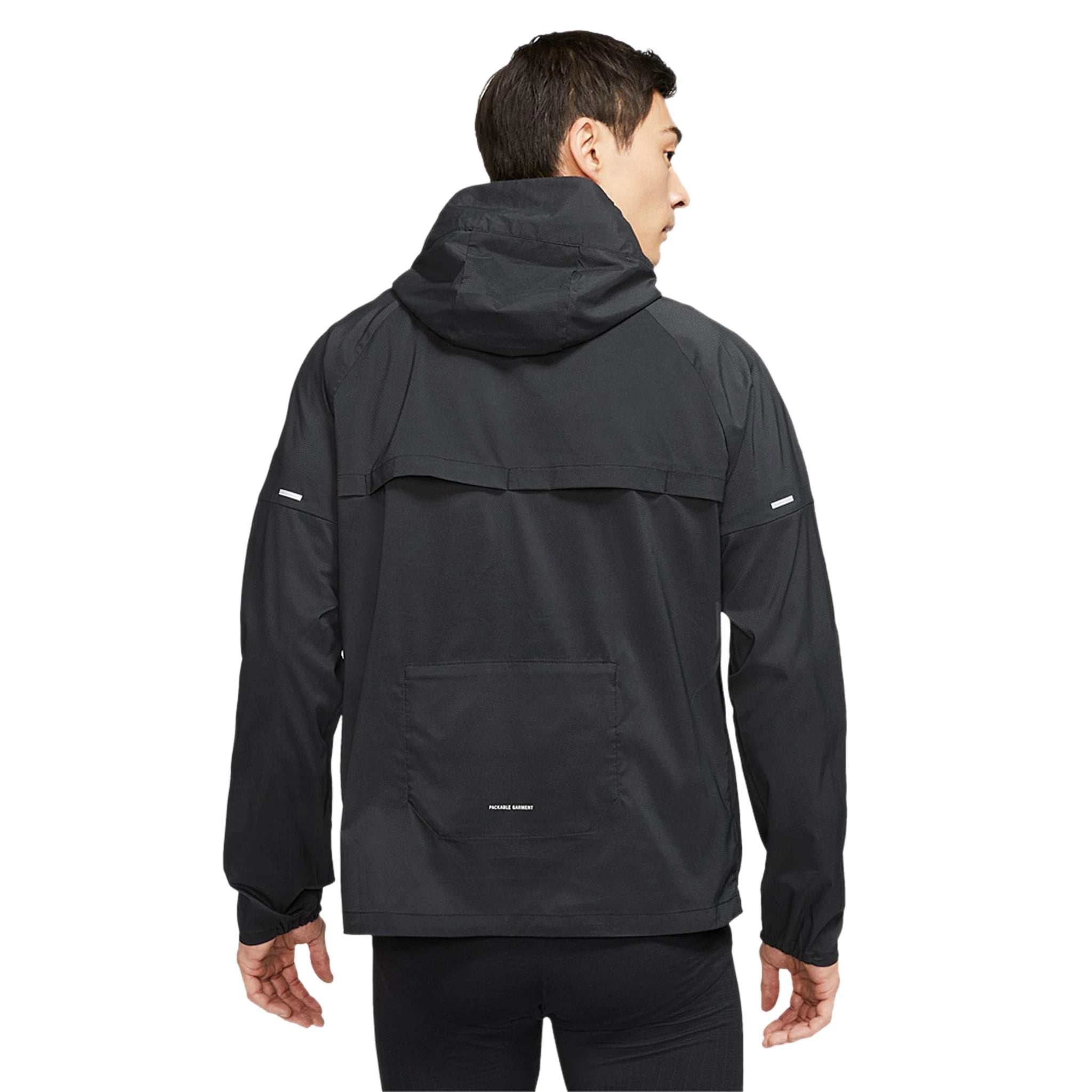 Model back view of Nike Repel Packable Black Windrunner Jacket CZ9071-010