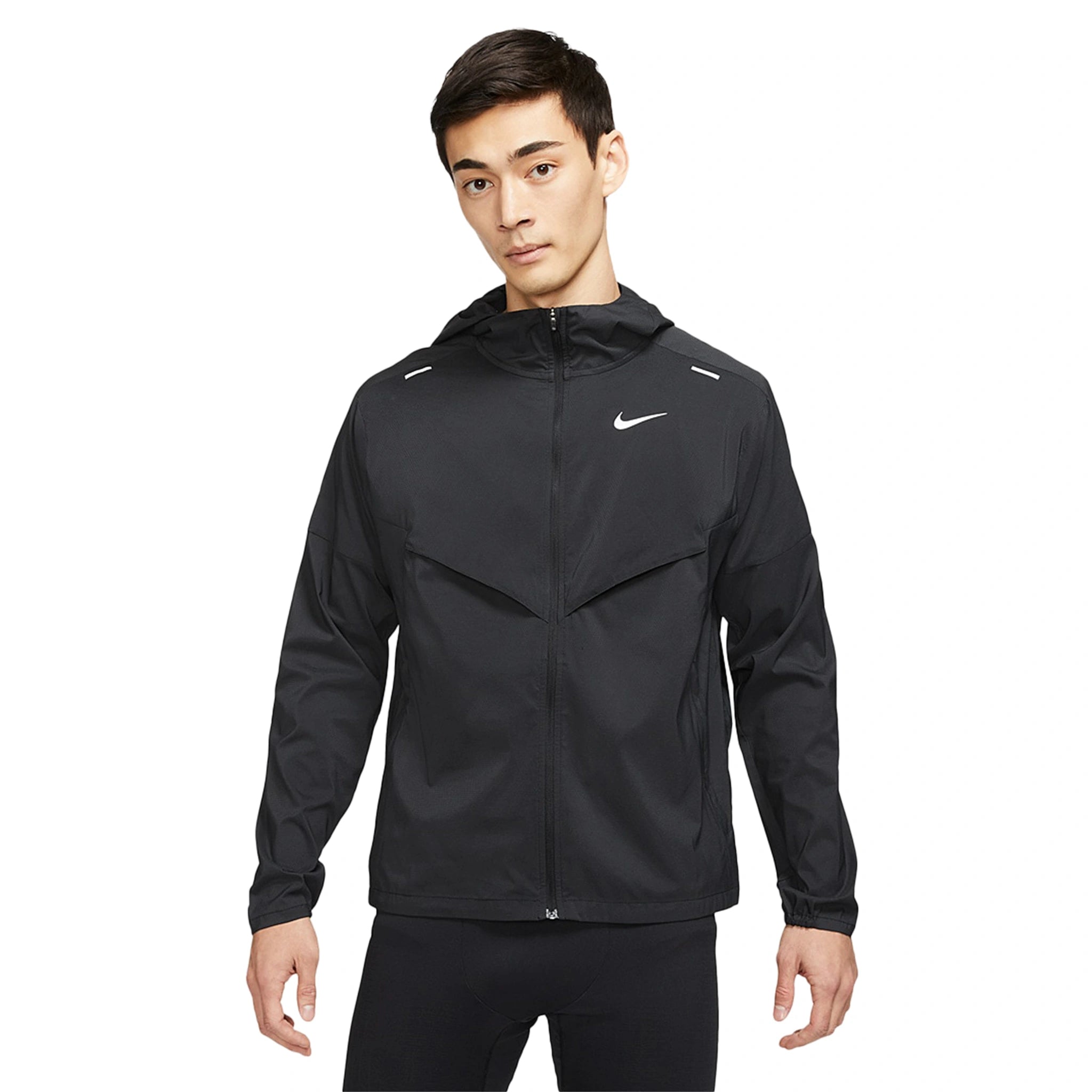 Model front view of Nike Repel Packable Black Windrunner Jacket CZ9071-010