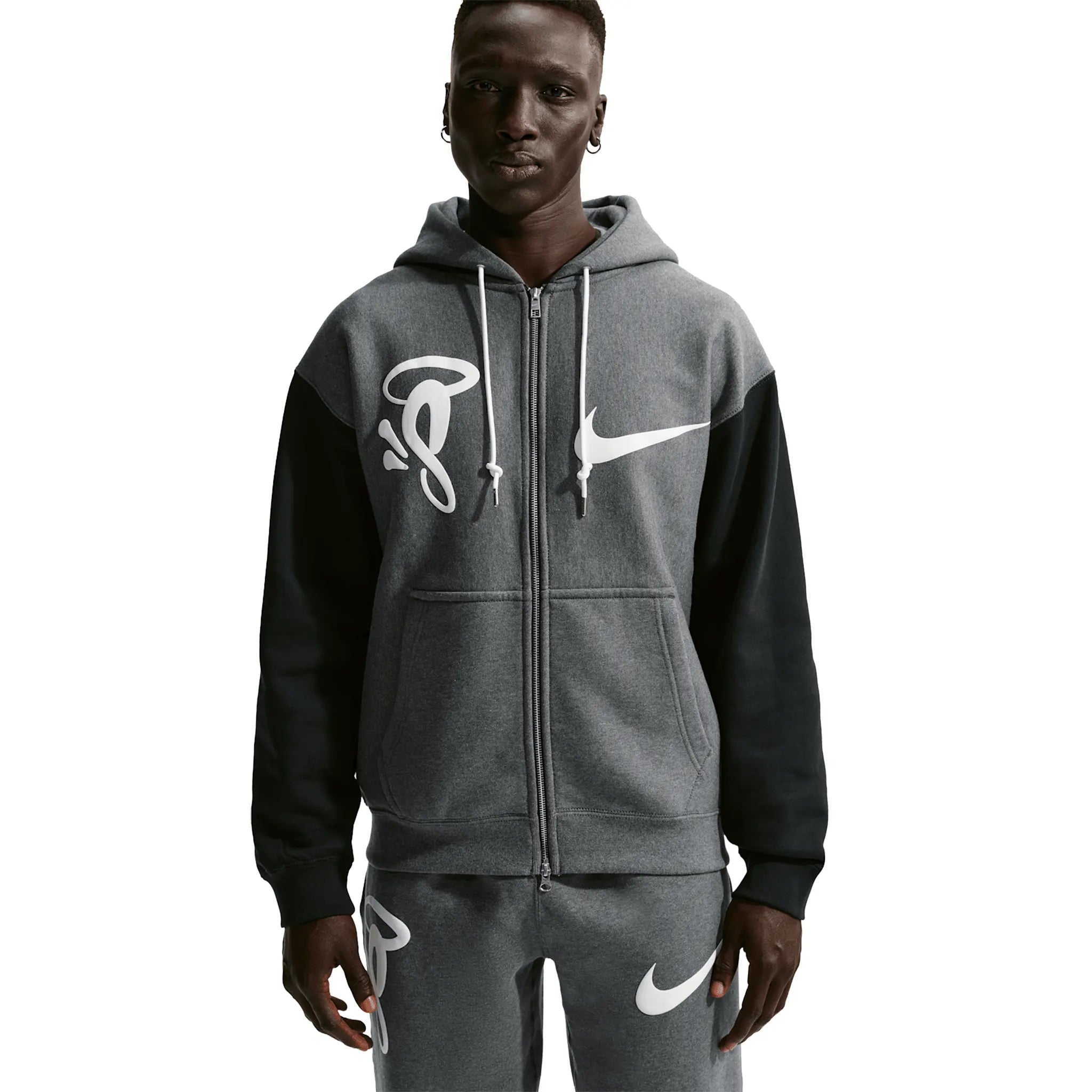 Front View of Nike Solo Swoosh x Syna World x Central Cee Fleece Grey Zip-Up Hoodie IQ0533-063