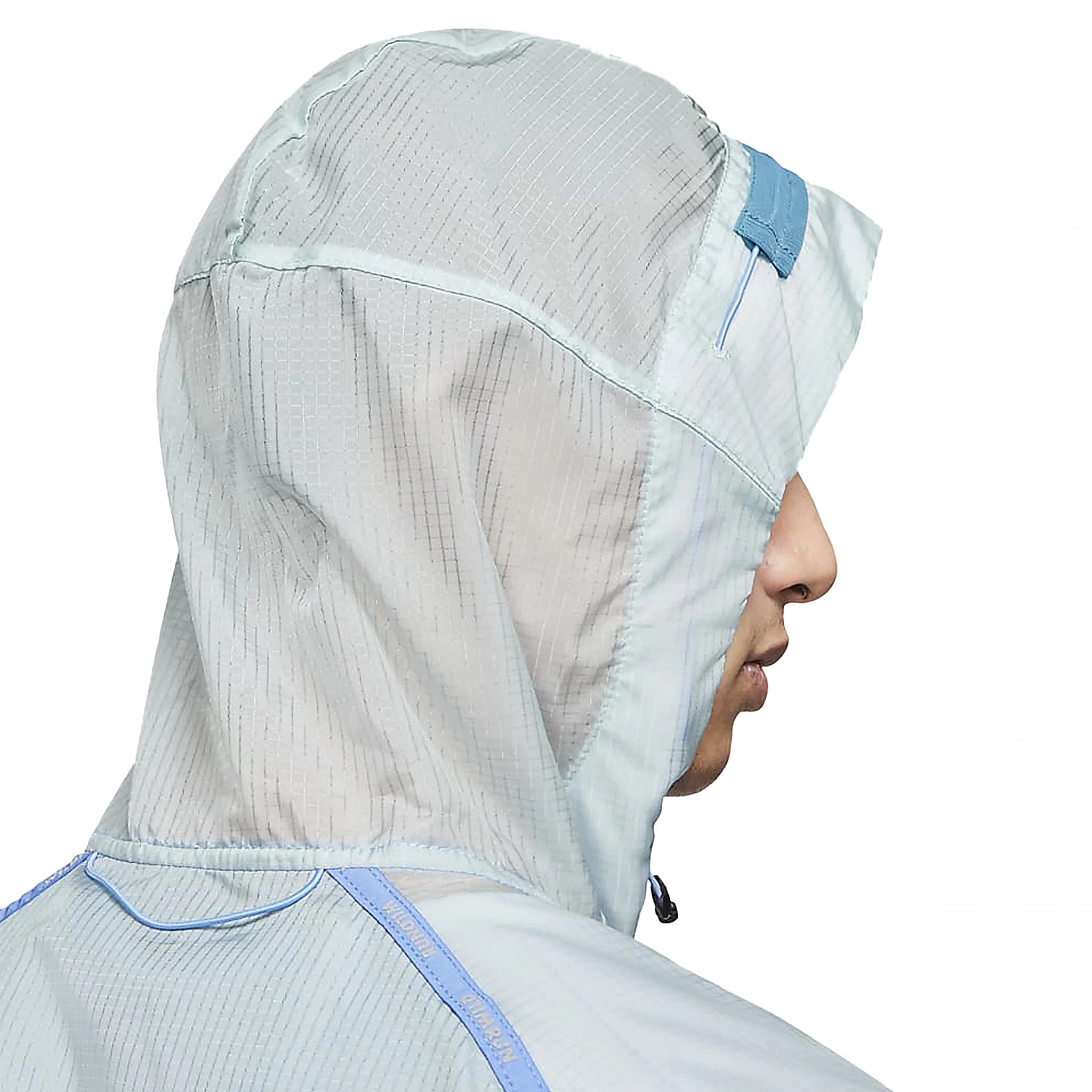 Model back hood view of Nike Wild Run Windrunner Blue Jacket DD5392-366