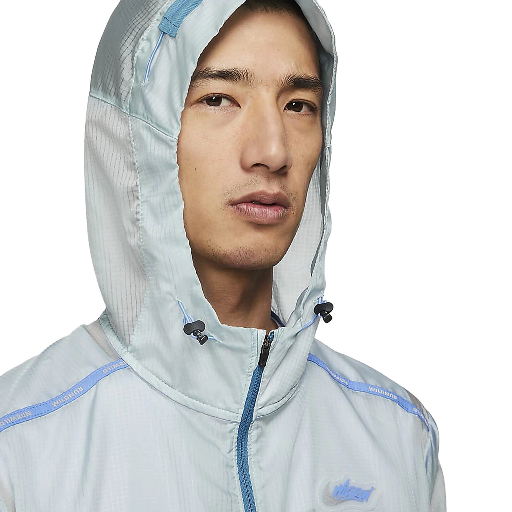 Model front hood view of Nike Wild Run Windrunner Blue Jacket DD5392-366