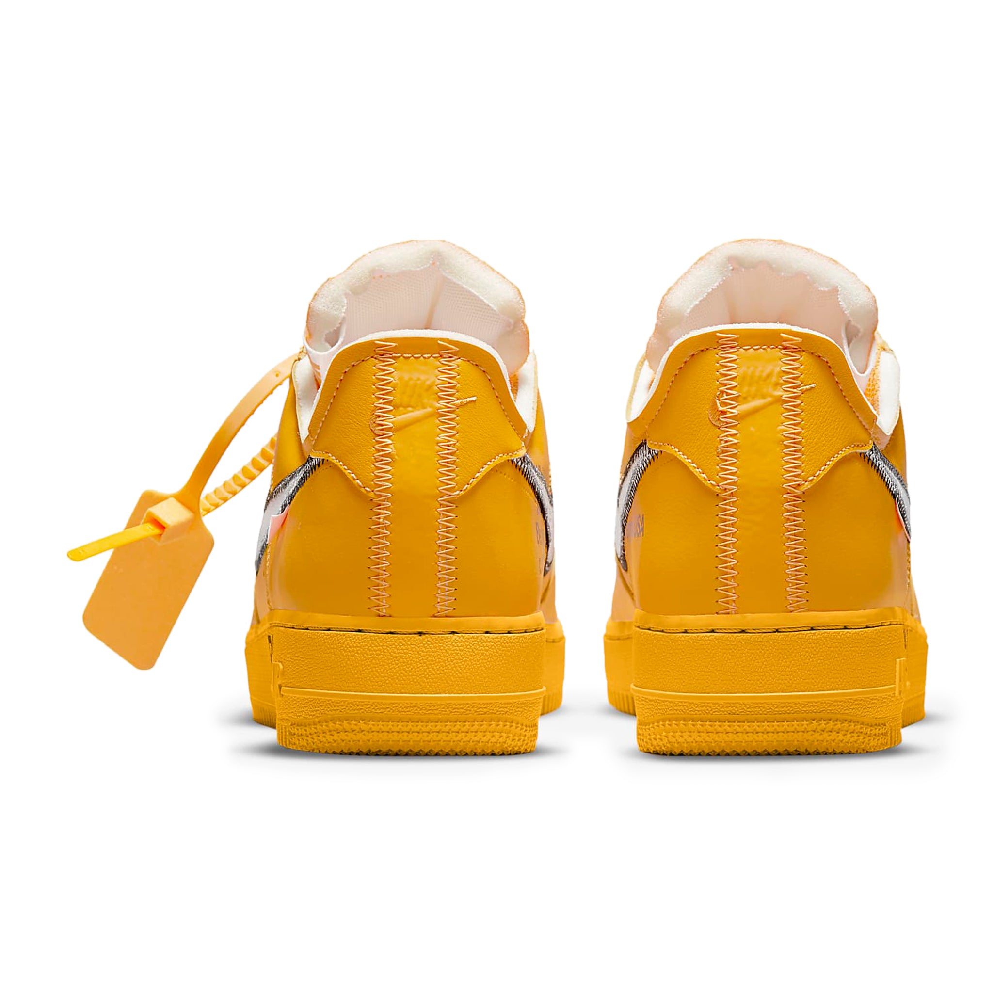 Heel view of Nike x Off White Air Force 1 Low ICA University Gold DD1876-700