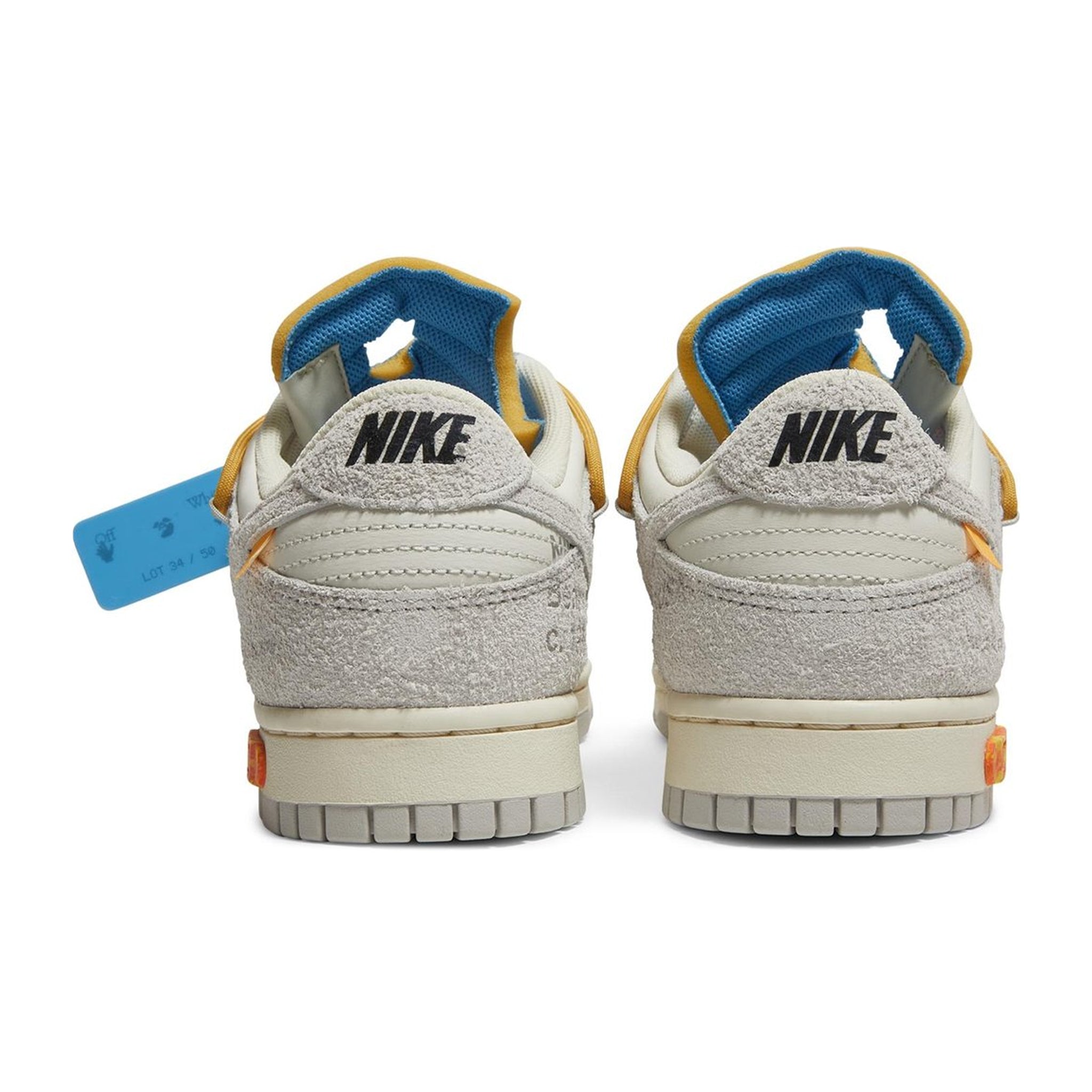 Heel view of Nike x Off White Dunk Low Lot 34 DJ0950-102