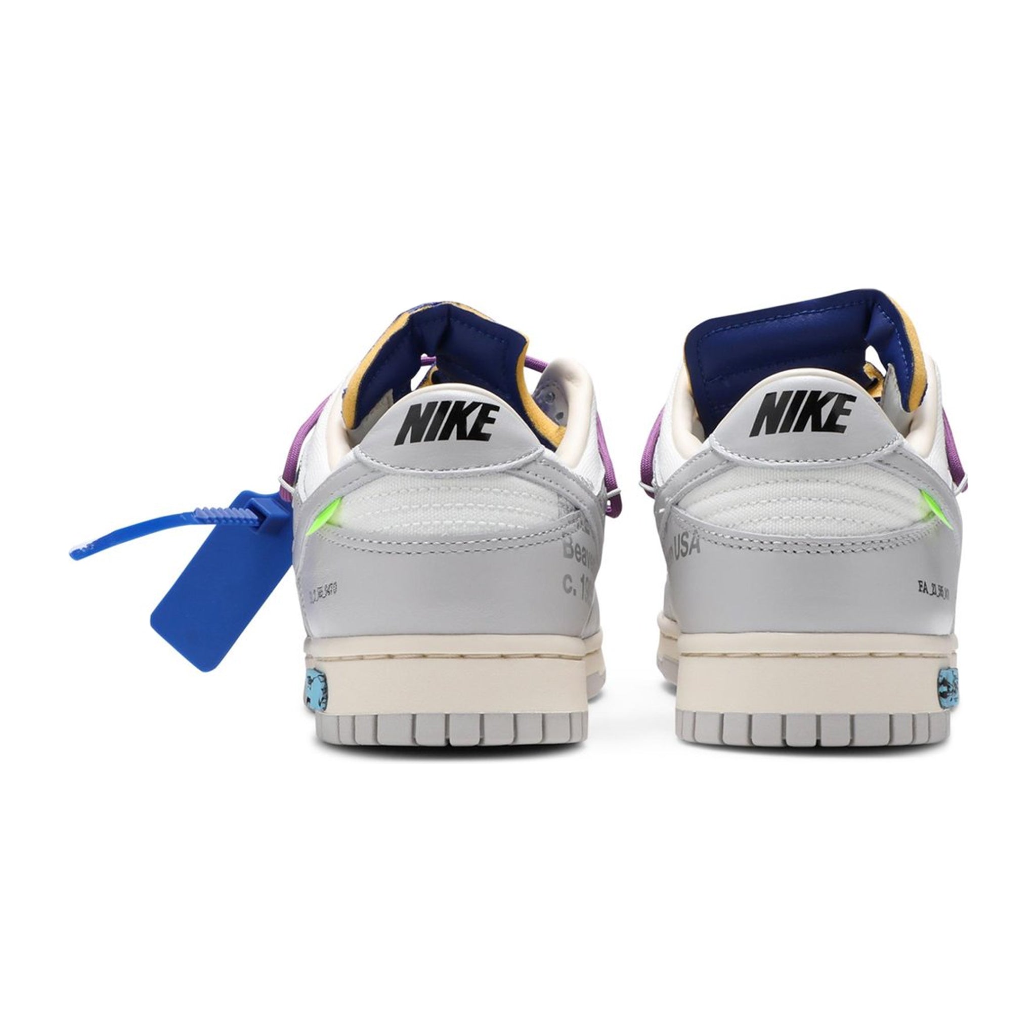 Heel view of Nike x Off White Dunk Low Lot 48 DM1602-107