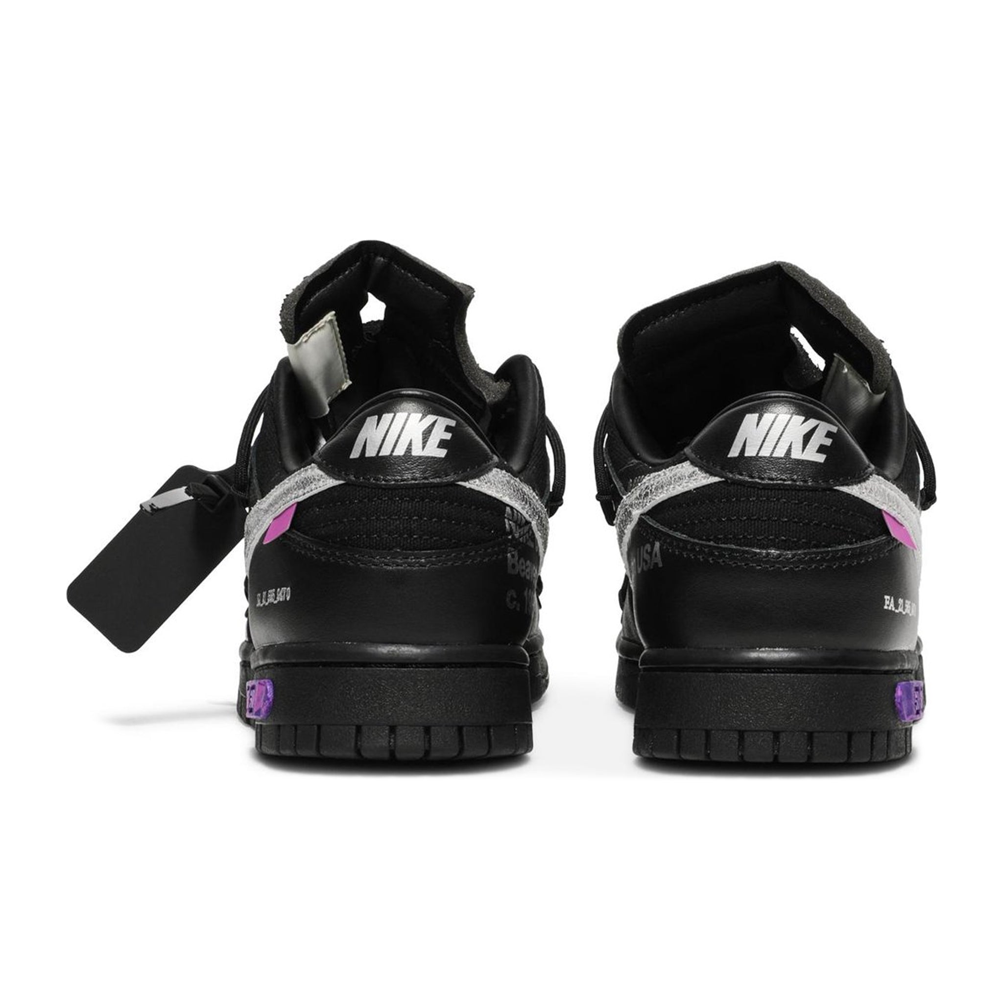 Heel view of Nike x Off White Dunk Low Lot 50 DM1602-001