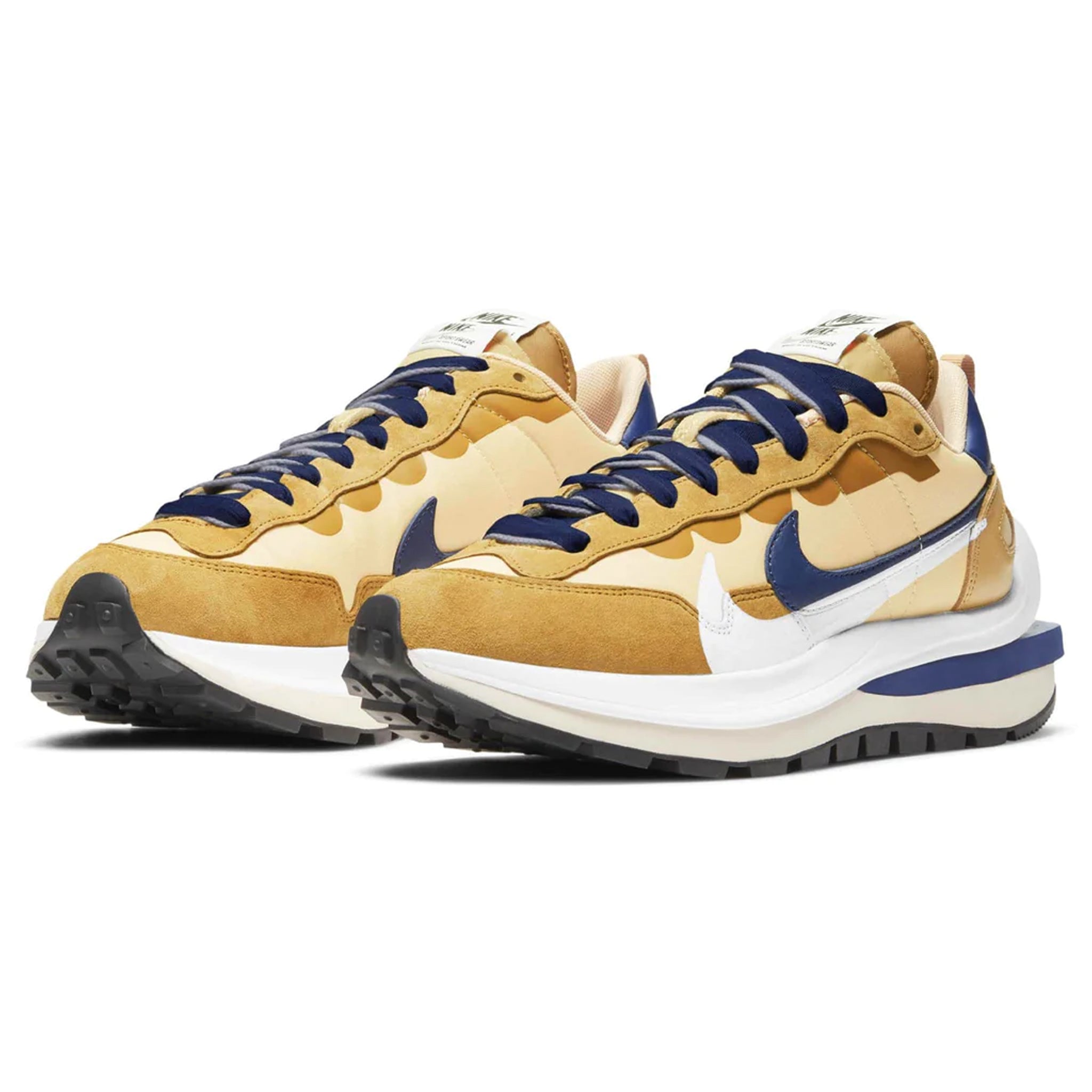 Front side view of Nike x Sacai Vaporwaffle Sesame Blue Void Sneaker DD1875-200