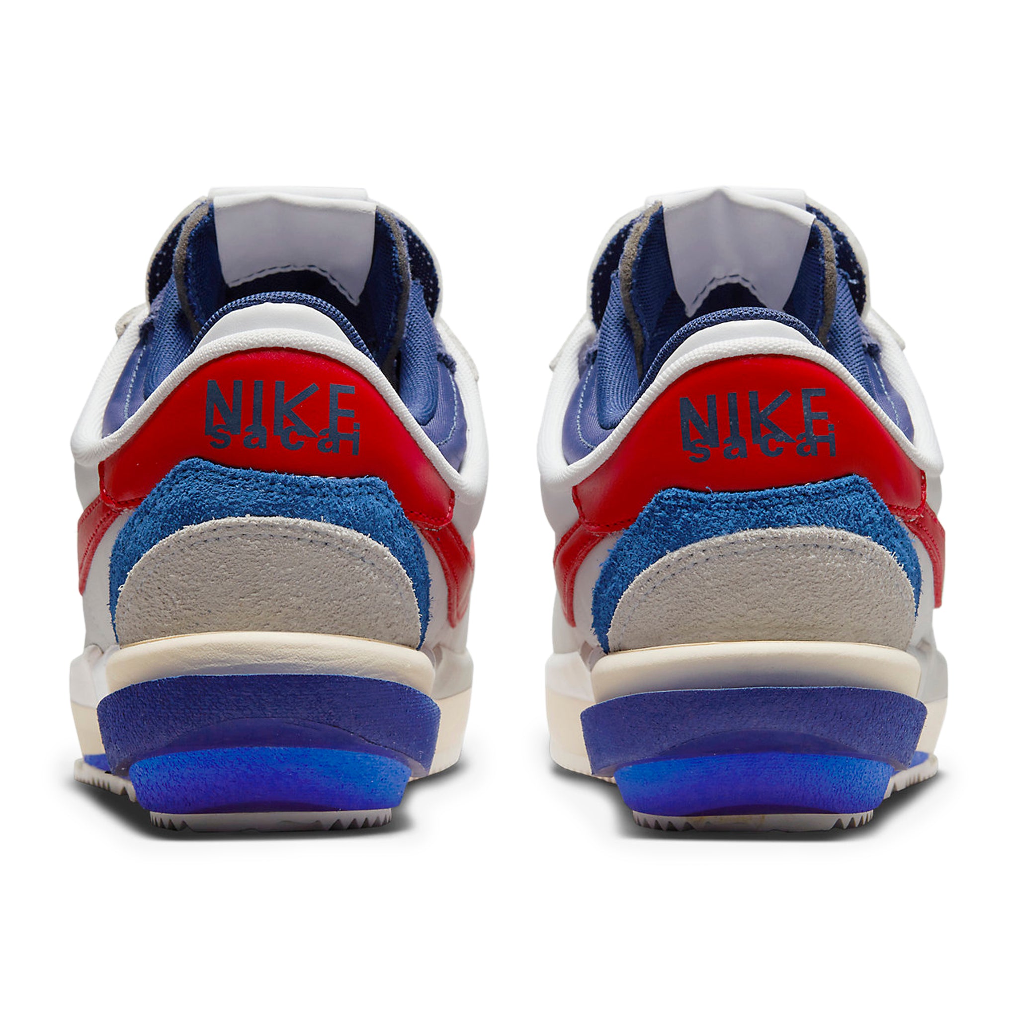 Heel view of Nike x Sacai Zoom Cortez White University Red Blue DQ0581-100