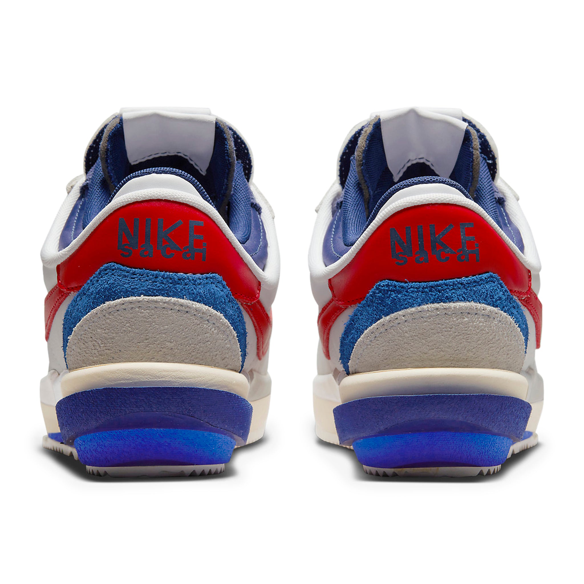 Heel view of Nike x Sacai Zoom Cortez White University Red Blue DQ0581-100