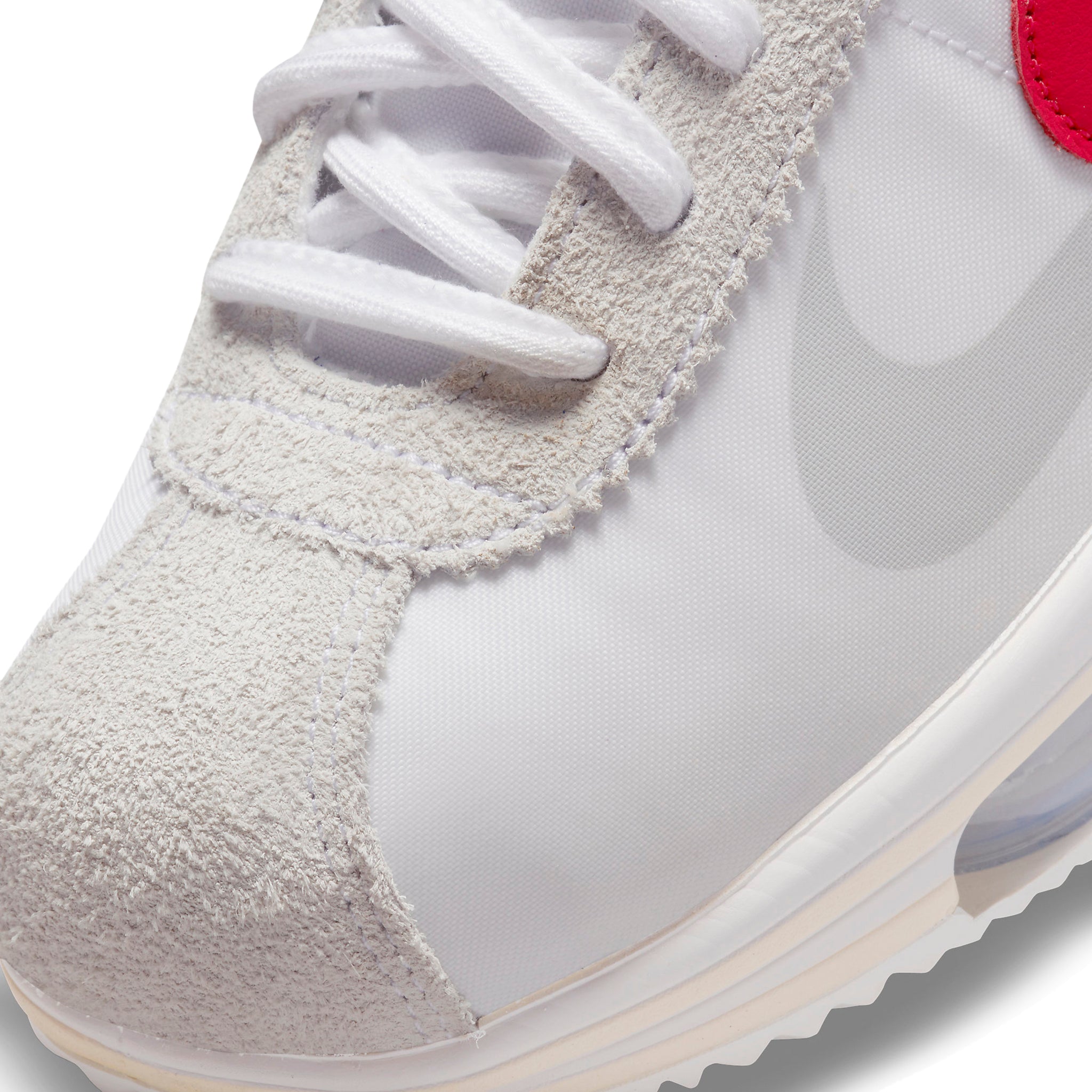 Toe box view of Nike x Sacai Zoom Cortez White University Red Blue DQ0581-100