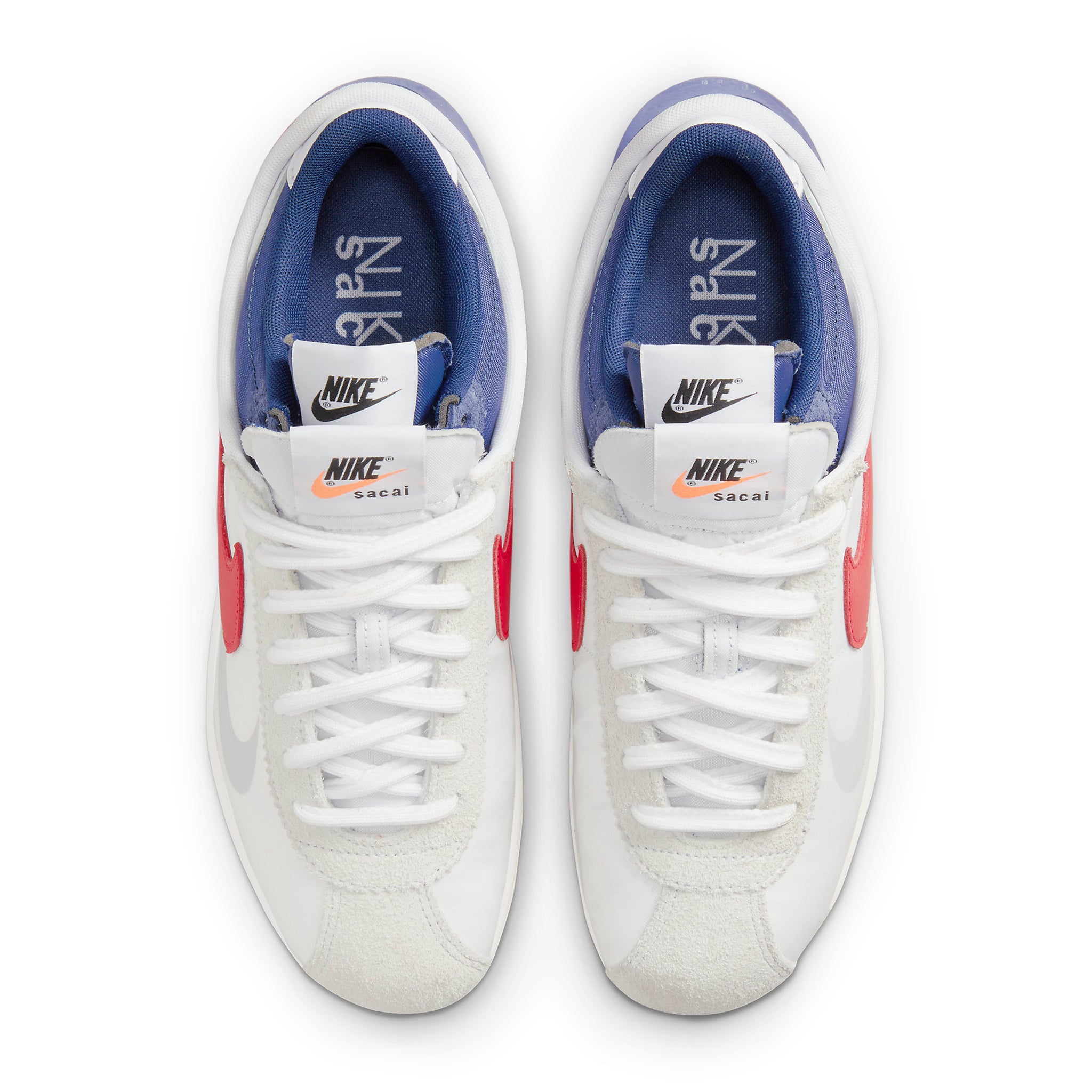 Top down view of Nike x Sacai Zoom Cortez White University Red Blue DQ0581-100