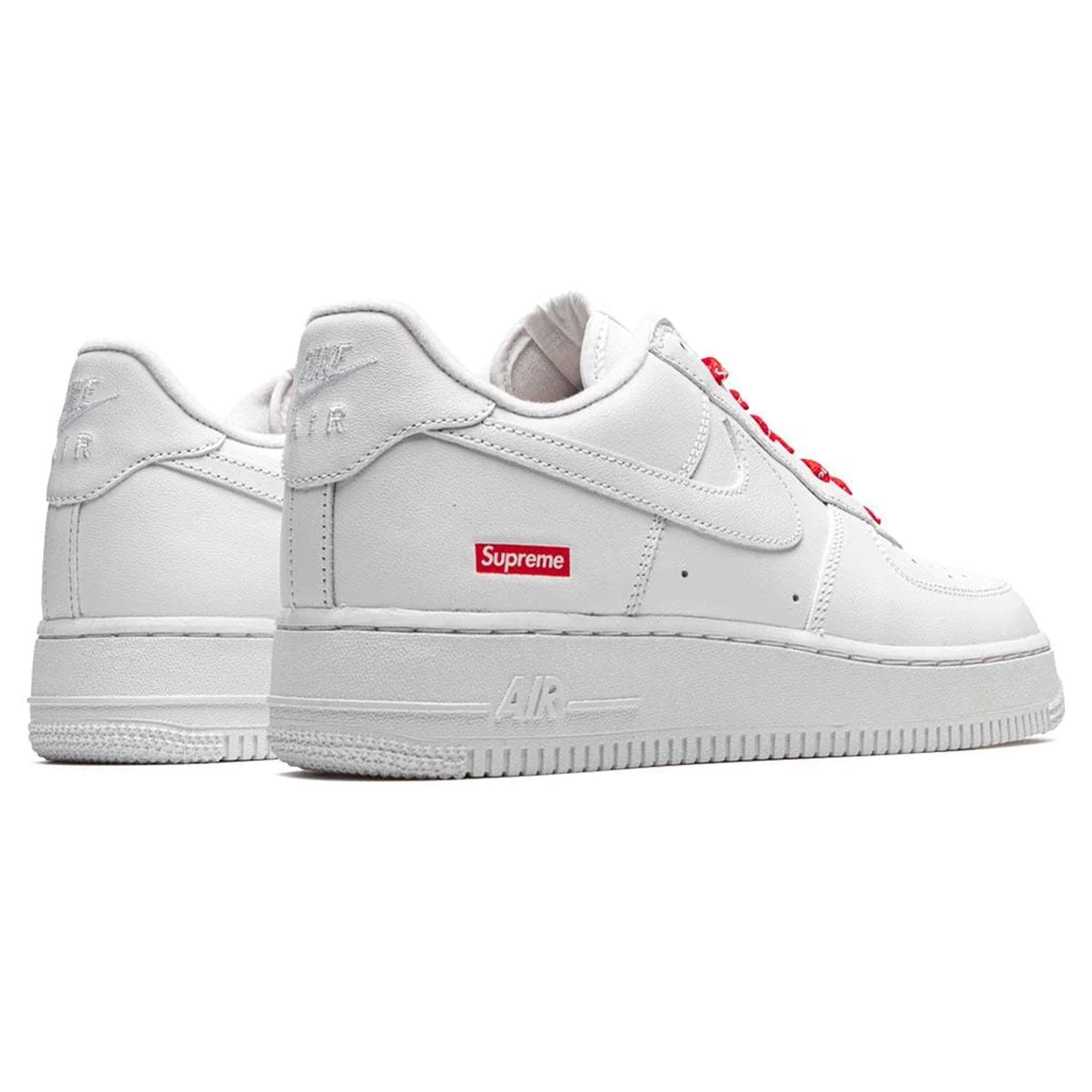 Heel view of Nike x Supreme Air Force 1 Low White Box Logo CU9225-100