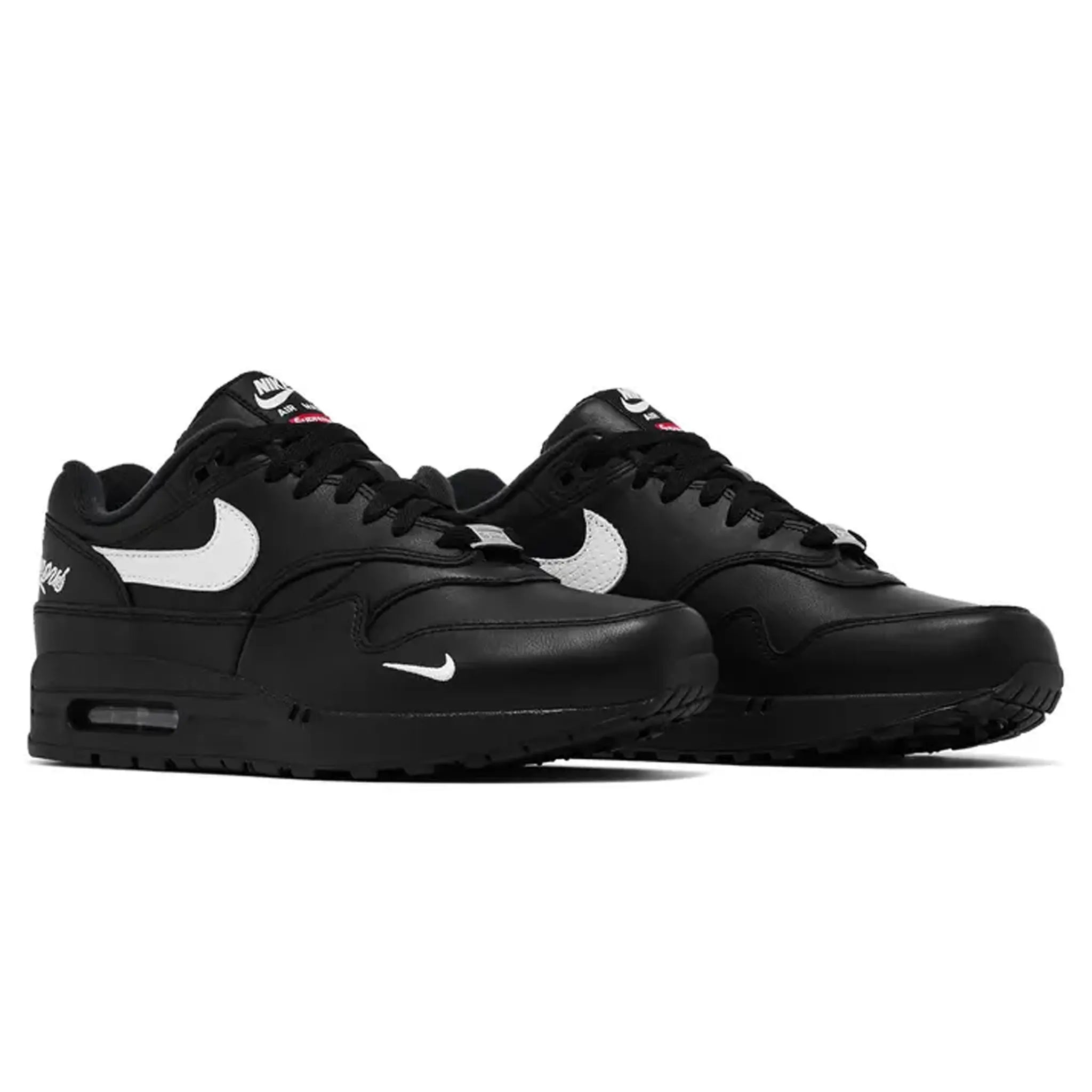 Front side view of Nike x Supreme Air Max 1 '87 SP Black White