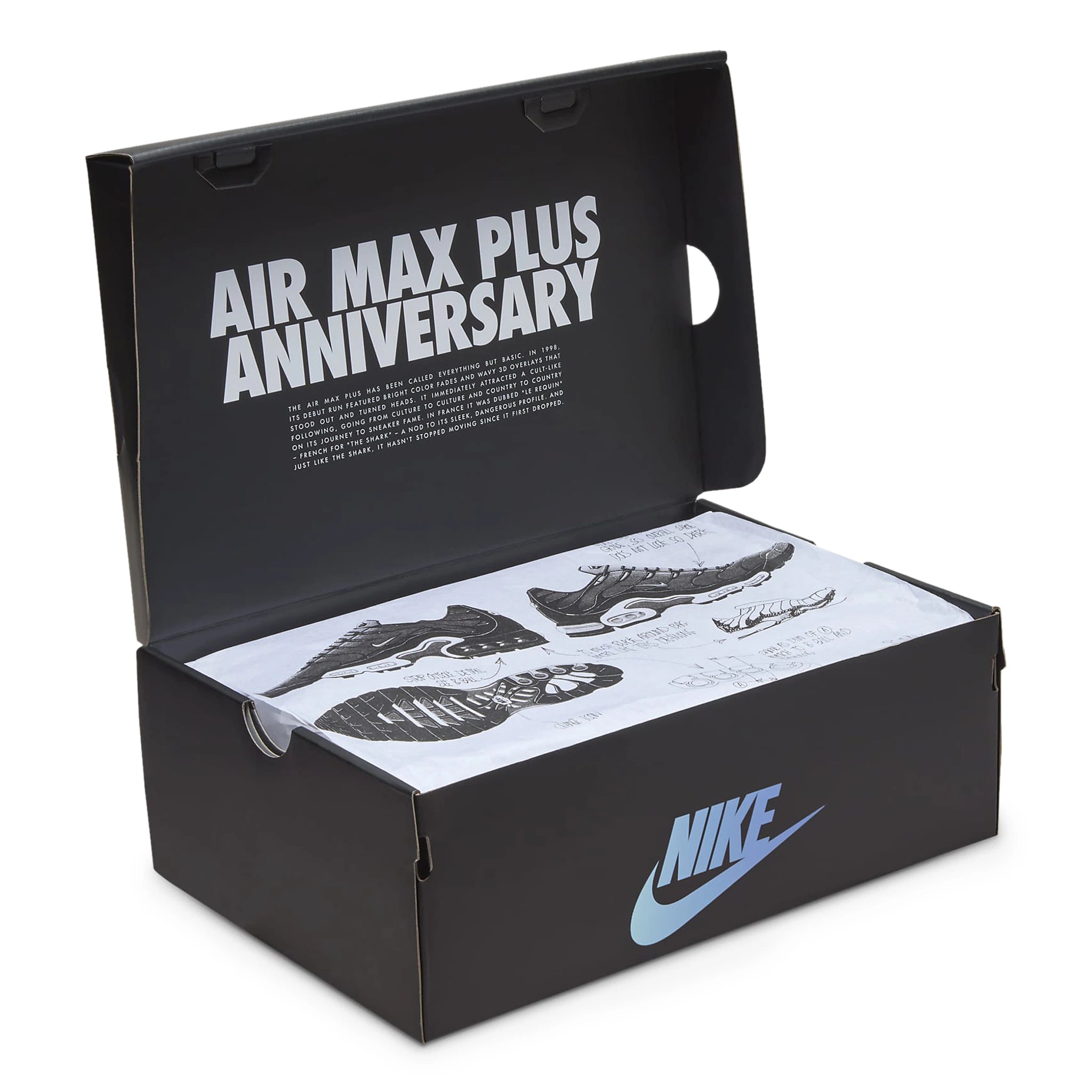 Open box side view of Nike TN Air Max Plus 25th Anniversary FV0393-001 front