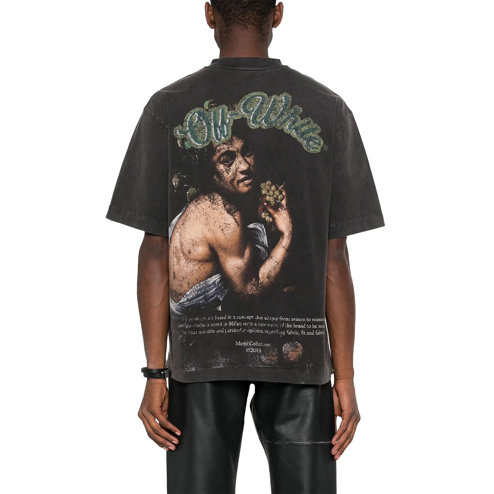 Model back view of Off-White Bacchus Skate Black T Shirt OMAA120S24JER0131055