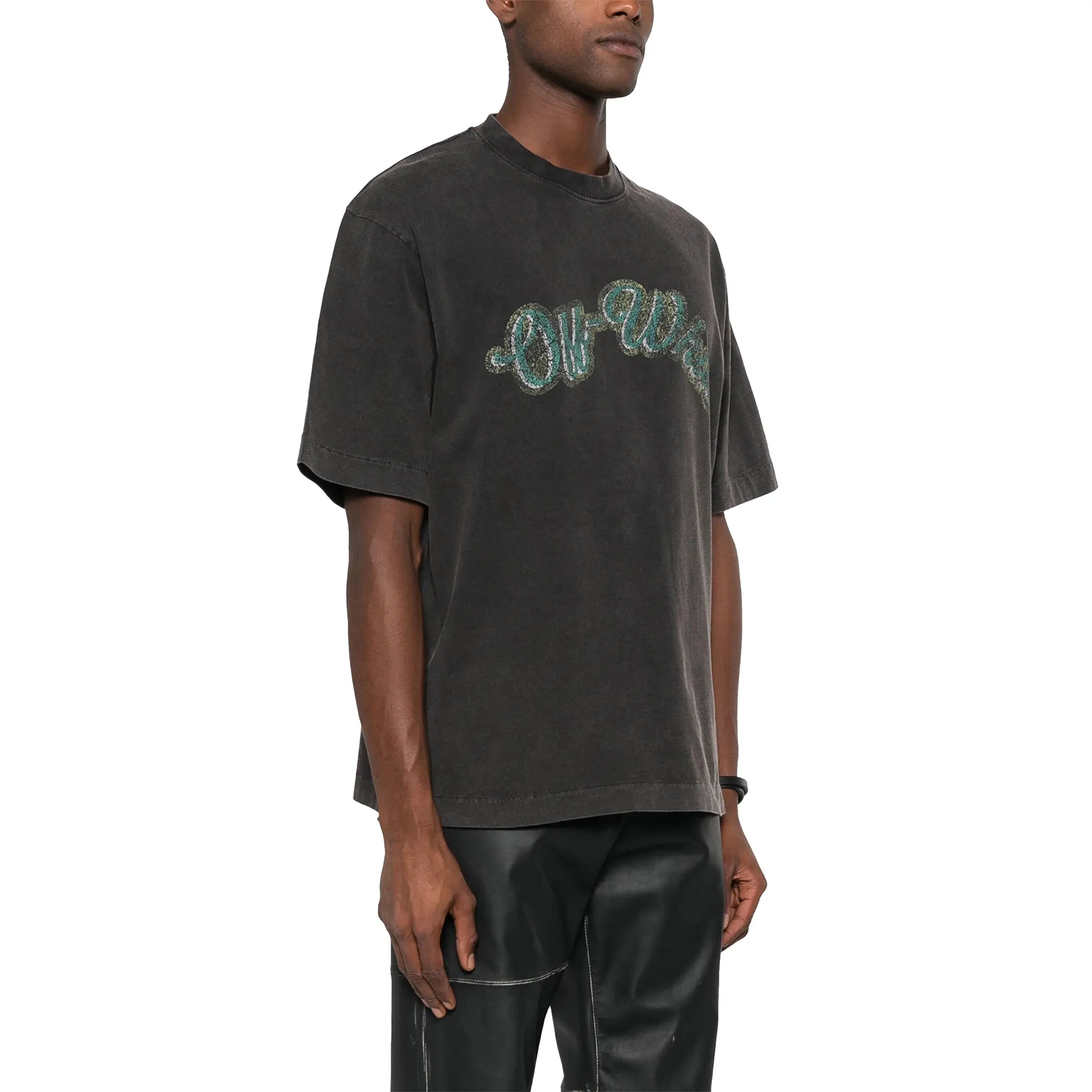Model side view of Off-White Bacchus Skate Black T Shirt OMAA120S24JER0131055