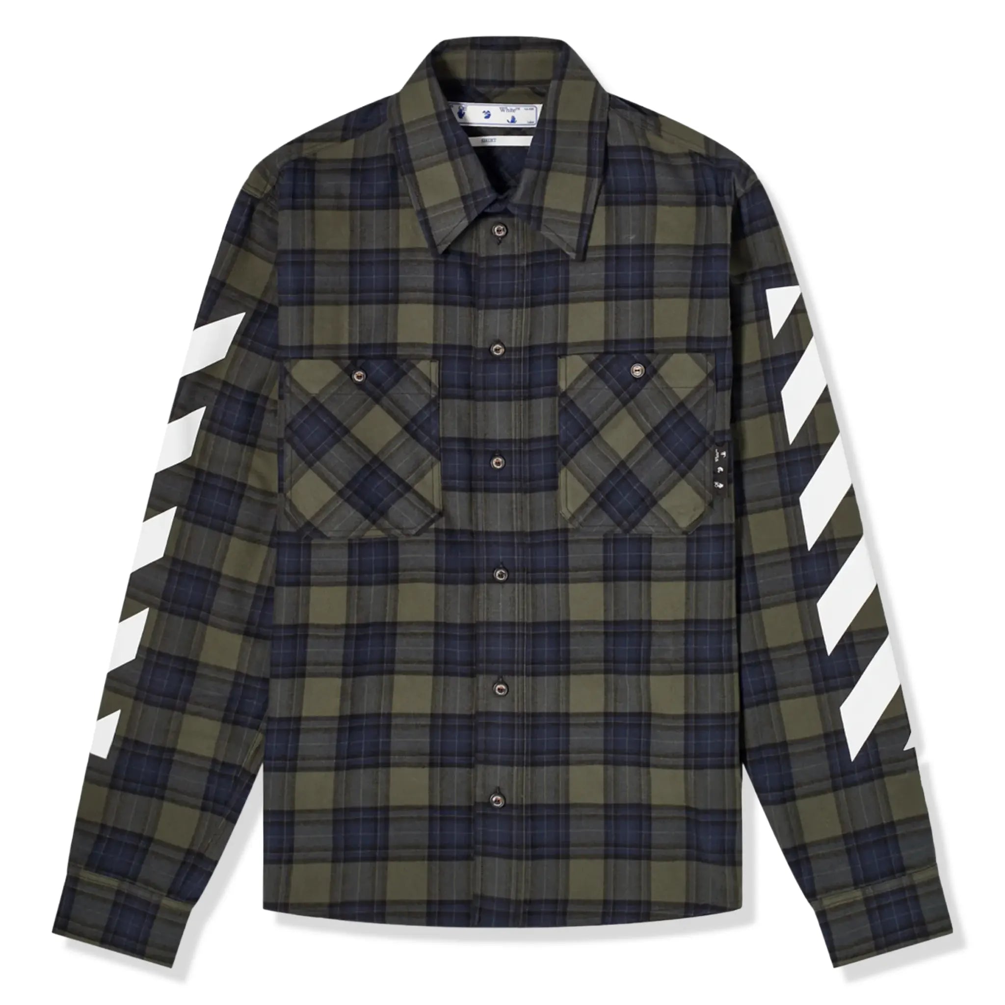 Front View of Off-White Diagonal Check Green Flannel Shirt OMGA133S21FAB0015701