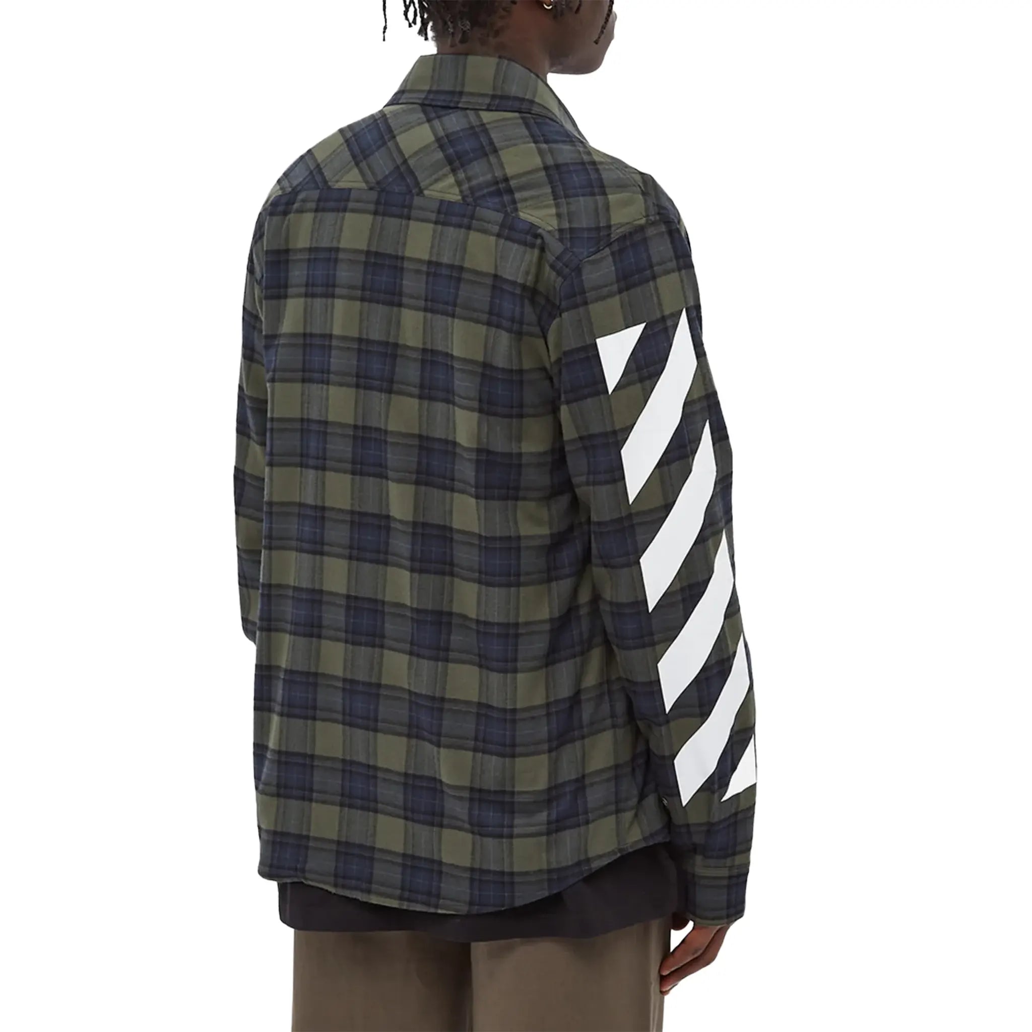 Model Back View of Off-White Diagonal Check Green Flannel Shirt OMGA133S21FAB0015701
