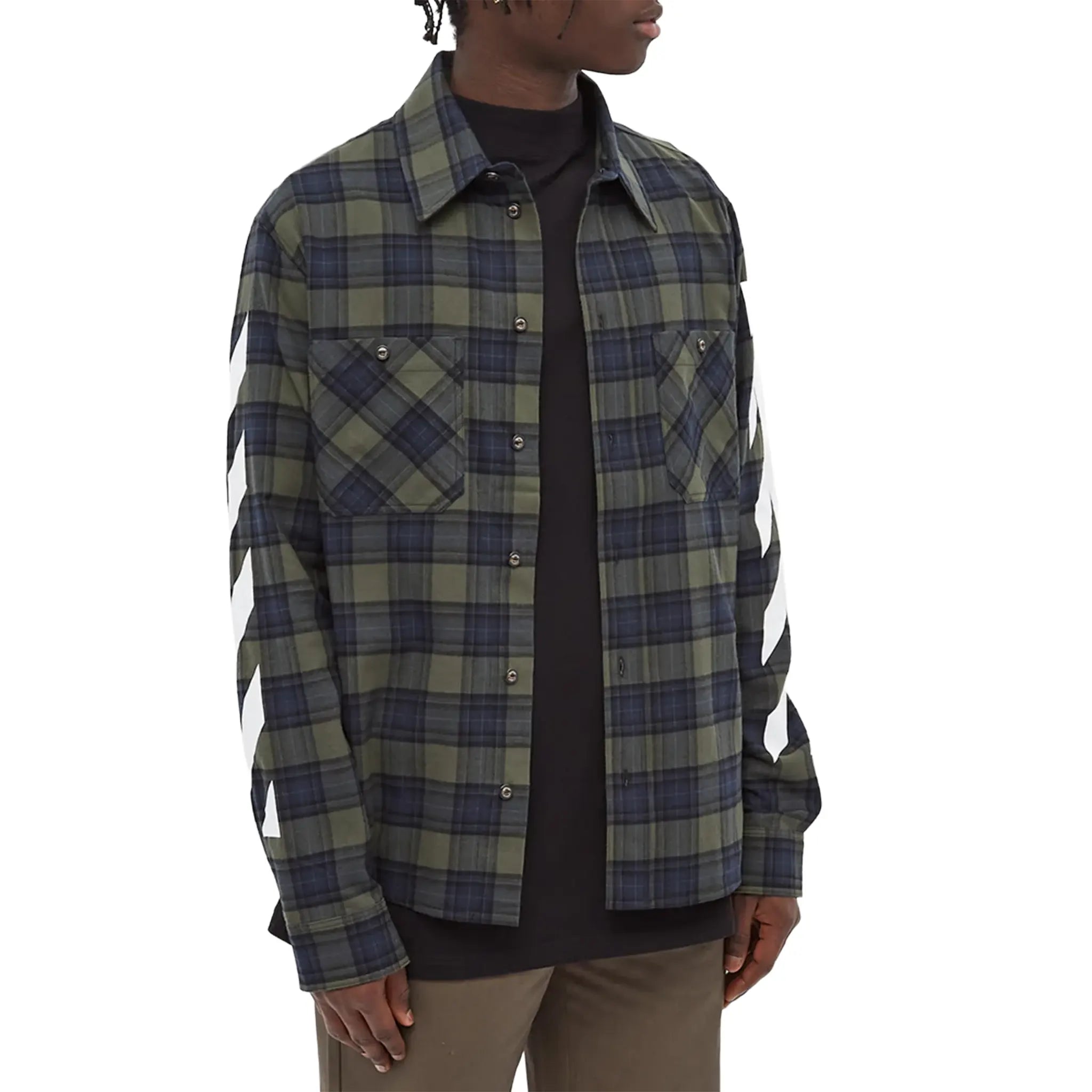 Model Front View of Off-White Diagonal Check Green Flannel Shirt OMGA133S21FAB0015701
