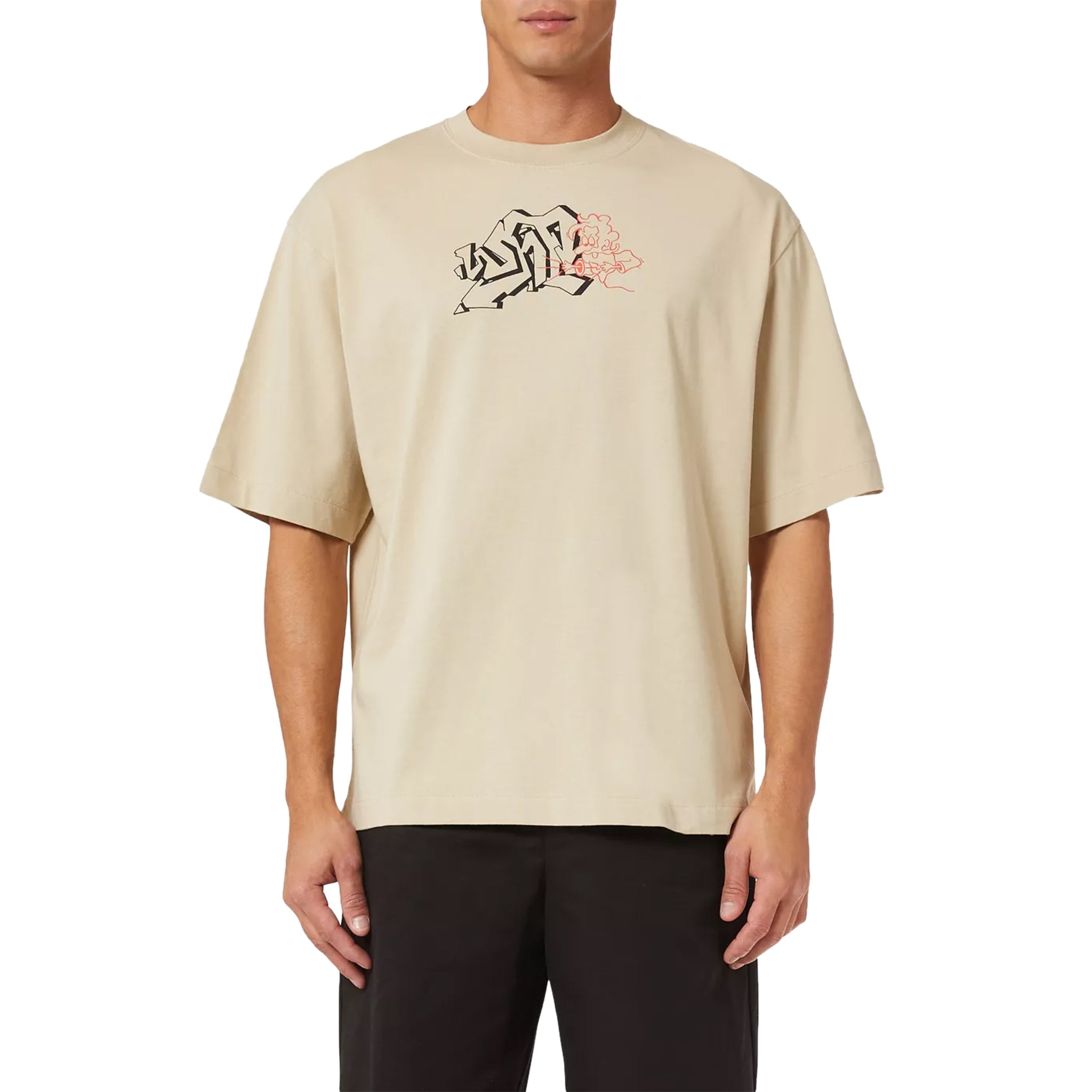 Model front view of Off-White Graffiti Print Beige T Shirt OMAA120S22JER0031710