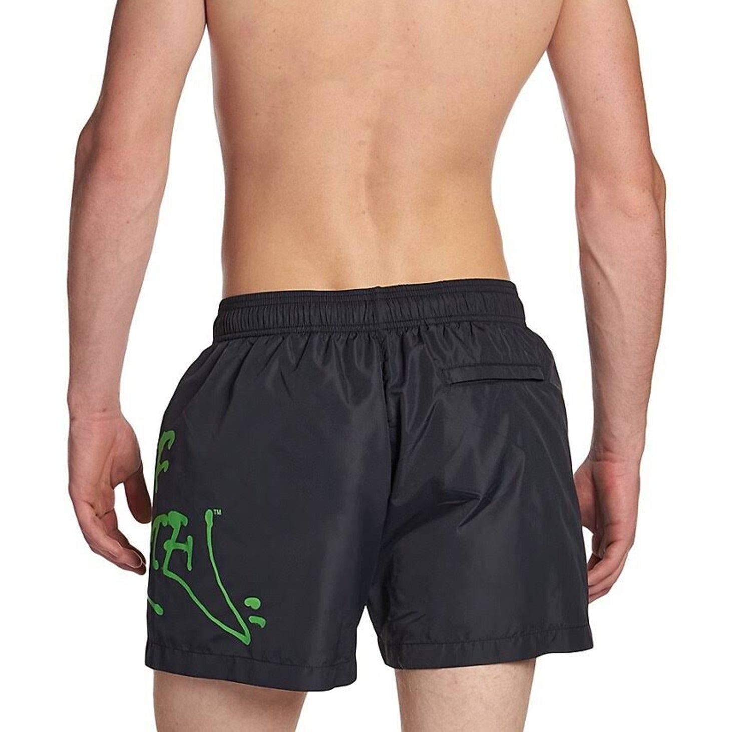 back model view of off-white neon logo print black swim shorts omfa003s22fab0021070