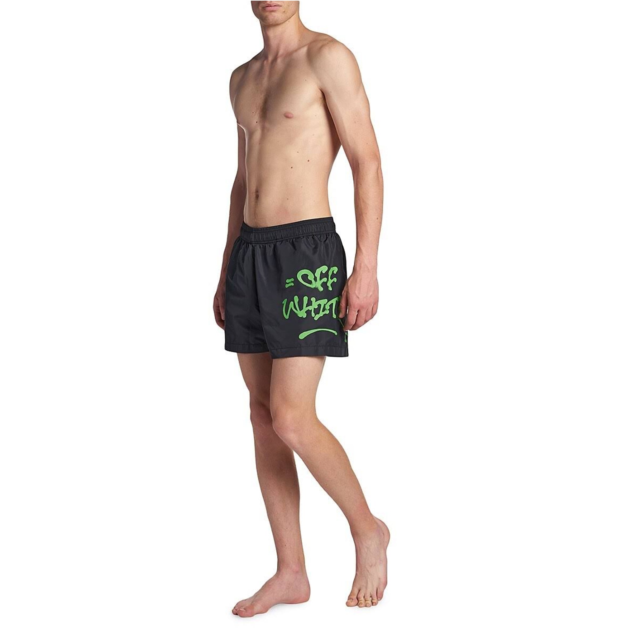 front model view of view of off-white neon logo print black swim shorts omfa003s22fab0021070