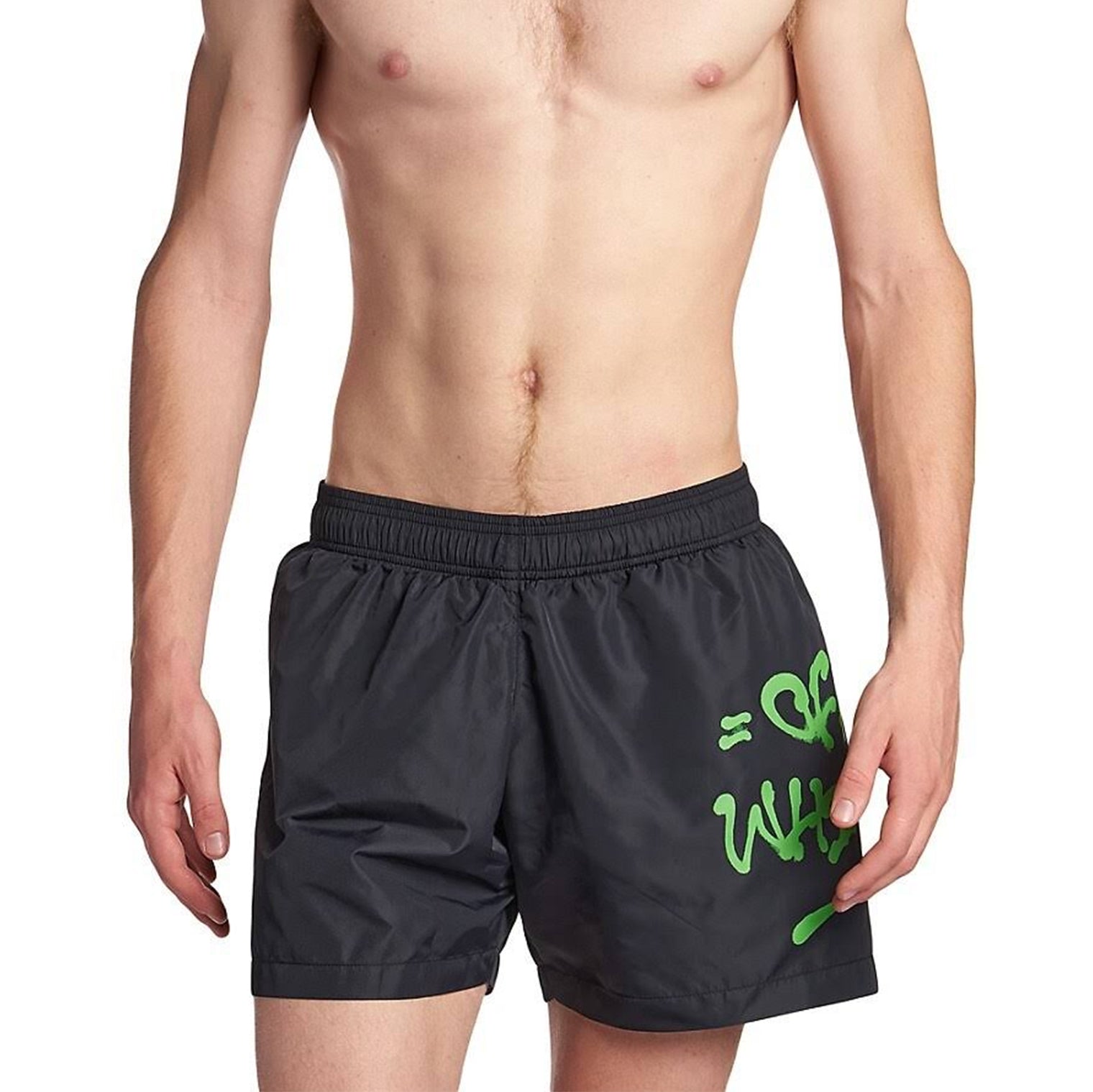 close up model view of off-white neon logo print black swim shorts omfa003s22fab0021070