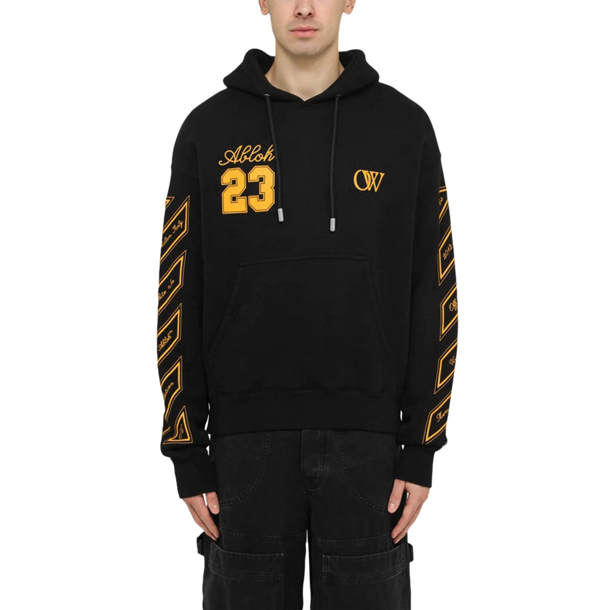Model front view of Off-White OW 23 Skate Black Hoodie OMBB085S24FLE0121022