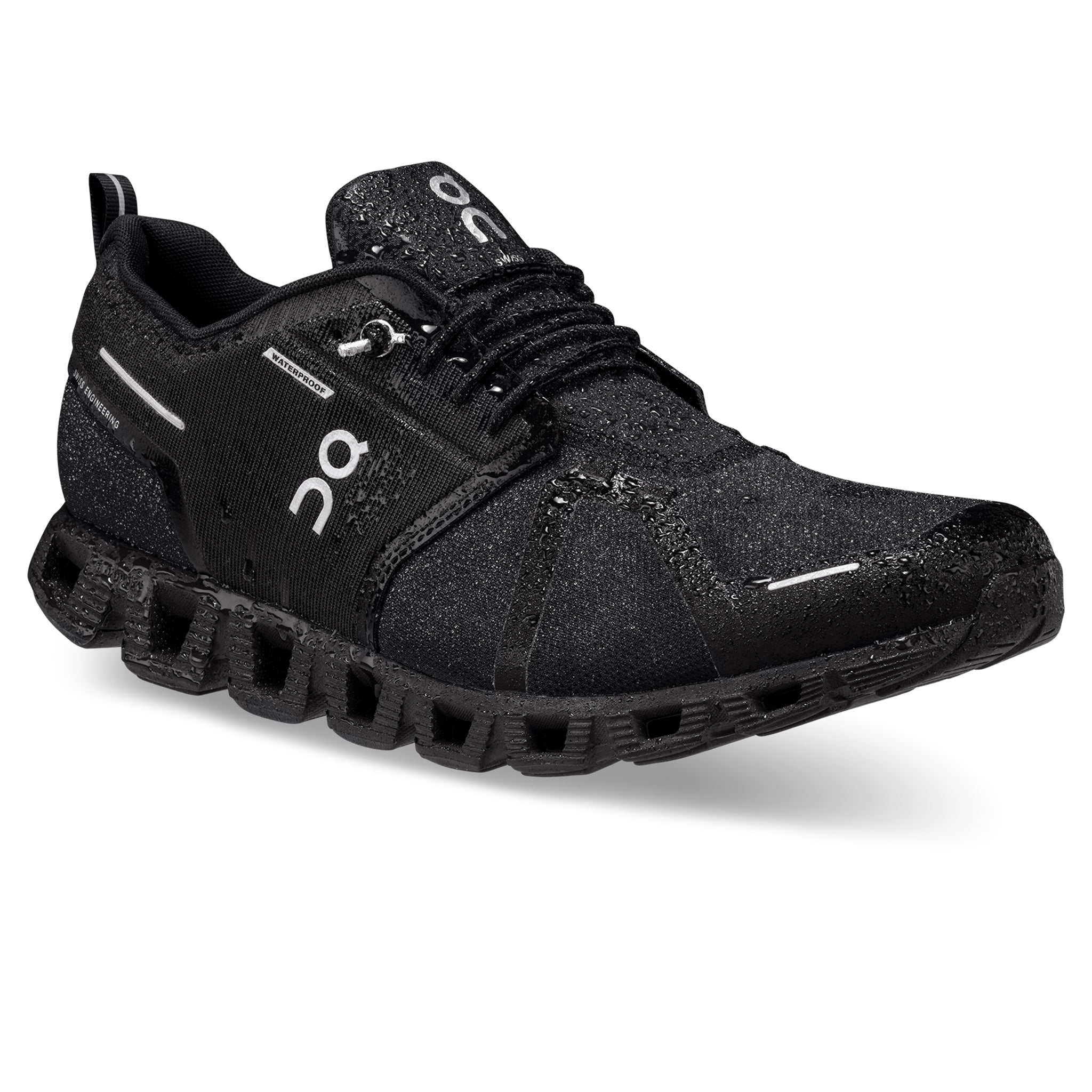 Front side view of On Running Cloud 5 Waterproof All Black Shoes 59.98842