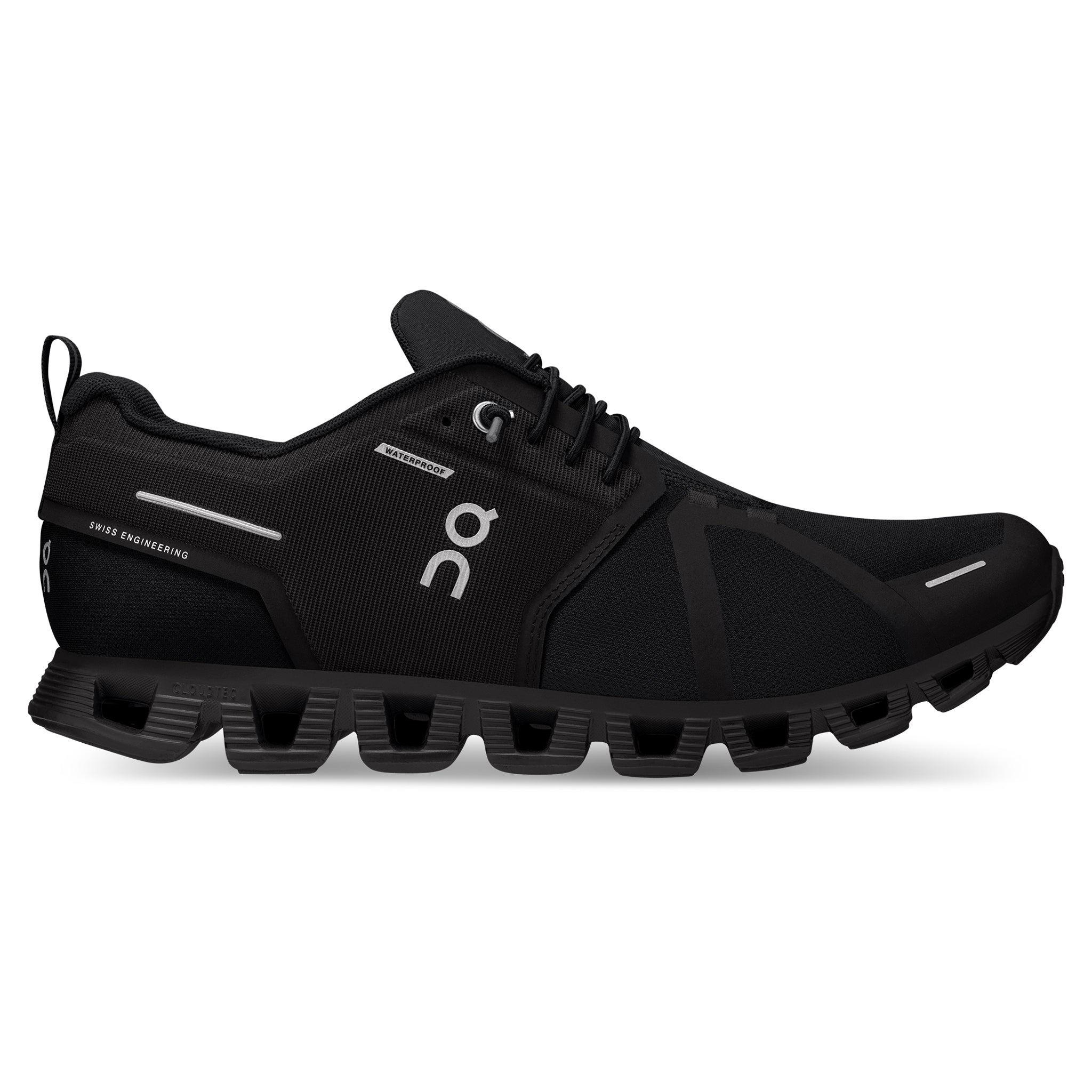 Side view of On And running Cloud 5 Waterproof All Black Shoes 59.98842