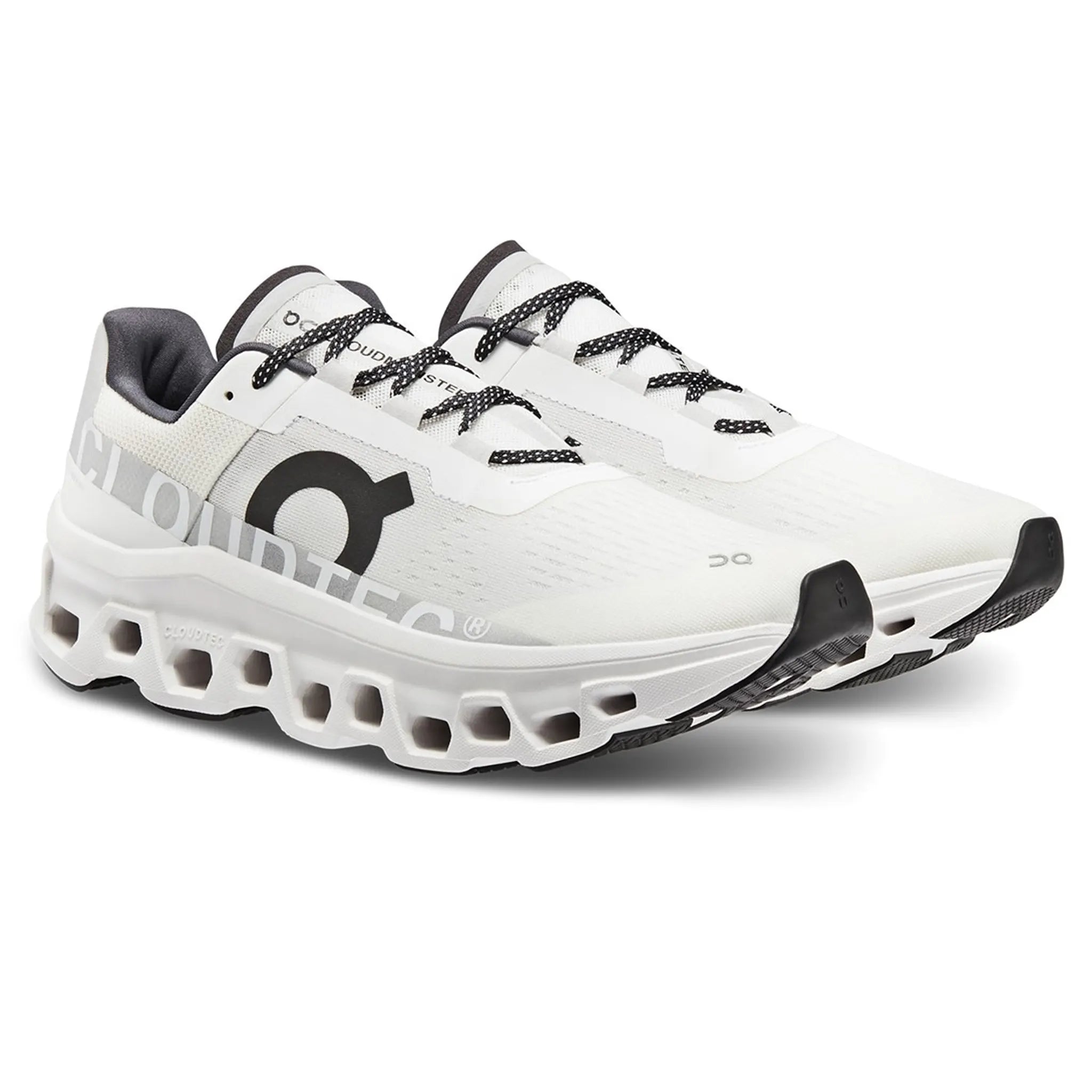 Front side view of On Running Cloudmonster Undyed White 61.98288