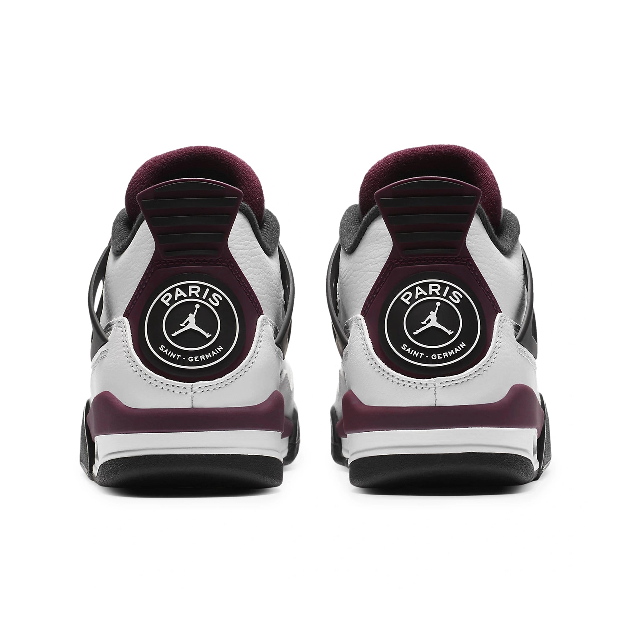 Back view of Paris Saint-Germain x Air Jordan 4 Retro Bordeaux (GS) CZ6509-100