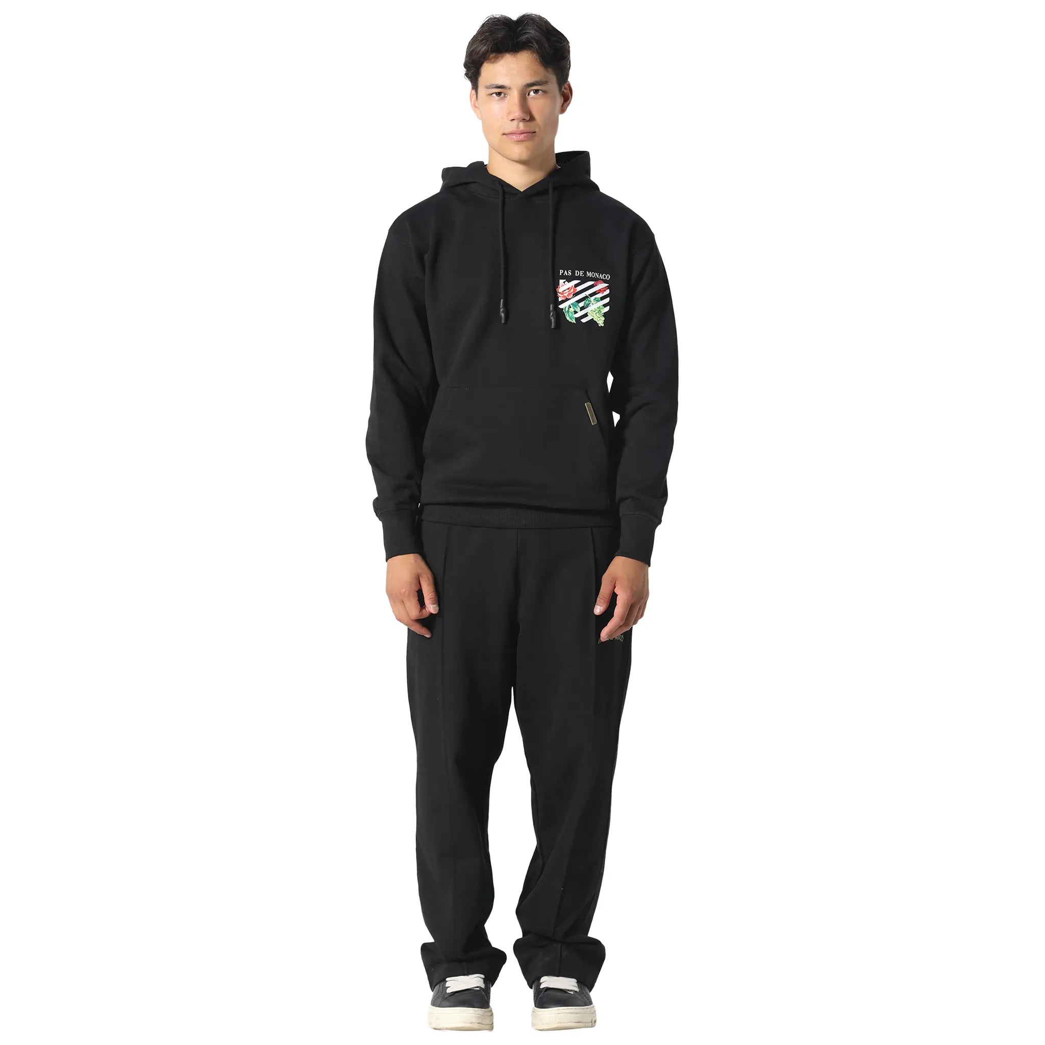 Model Front View of Pas De Monaco Floral Line Black Hoodie 5060615206384