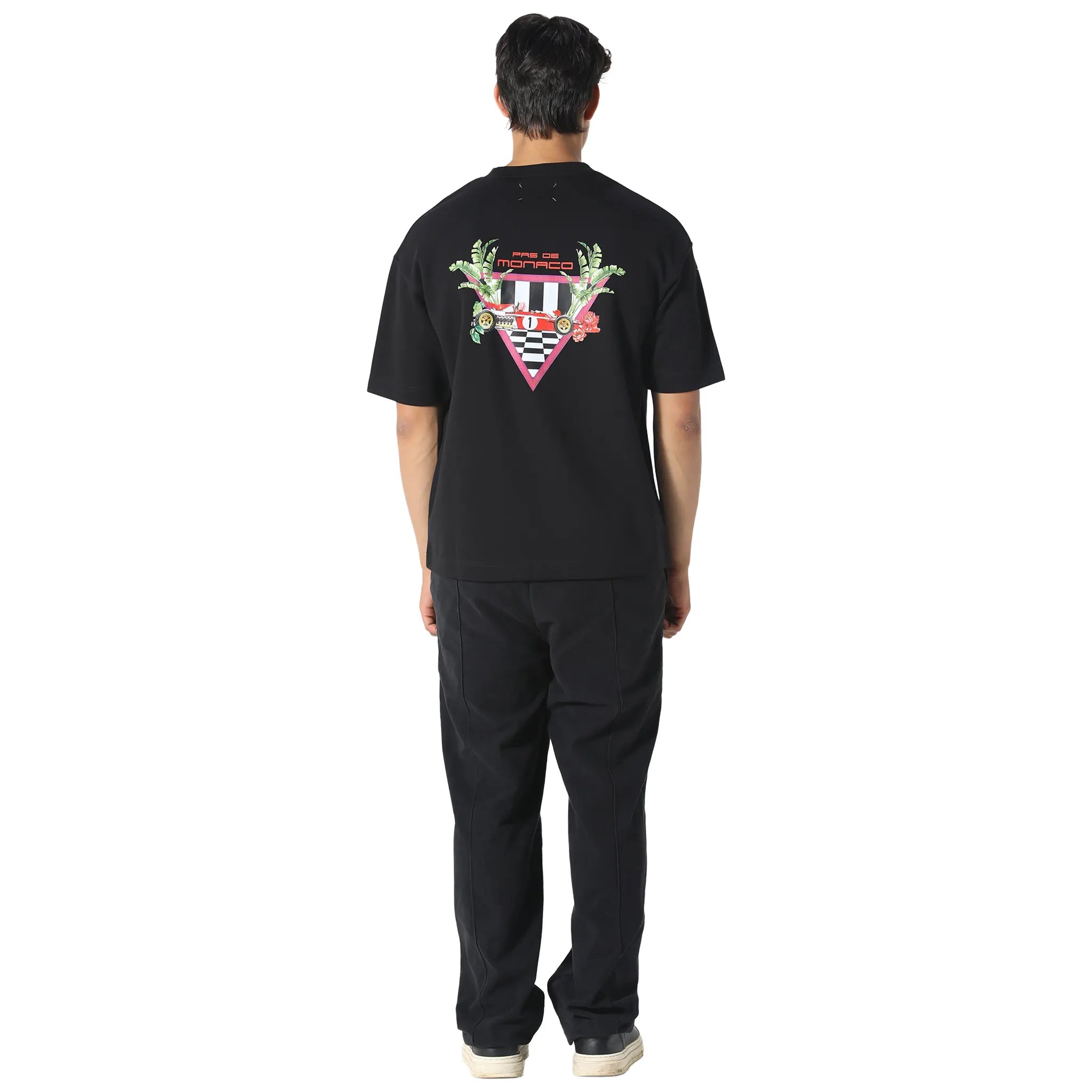 Model Back View of Pas De Monaco Formular Check Black T-Shirt PKK22O00D-Q11