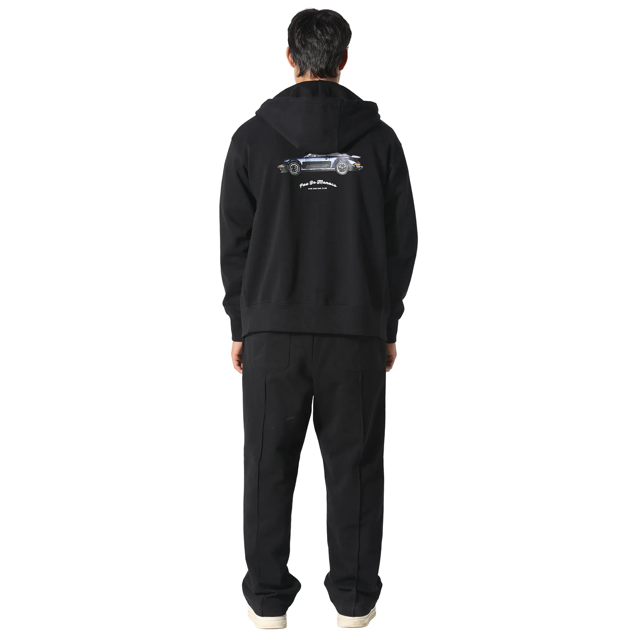 Back View of Pas De Monaco Noir Carrera Black Zip-Up Hoodie PKK22S009-Q11