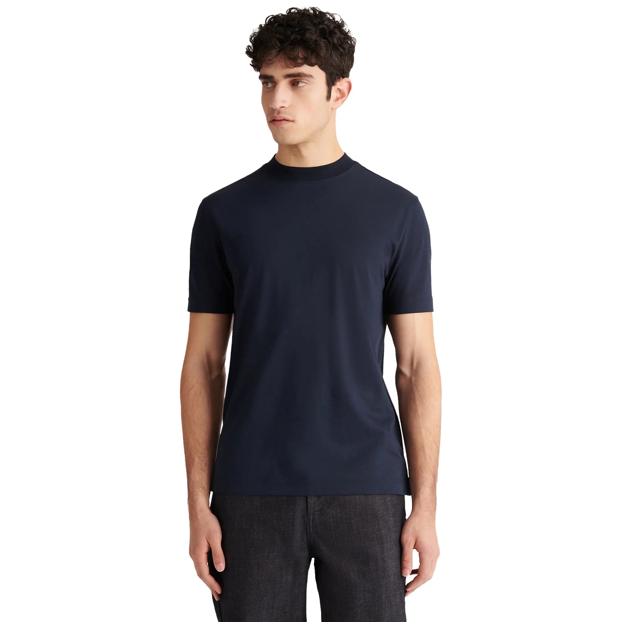 Front View of Peckham Rye Devonshire Mercerised Cotton Dark Sapphire Navy T-Shirt