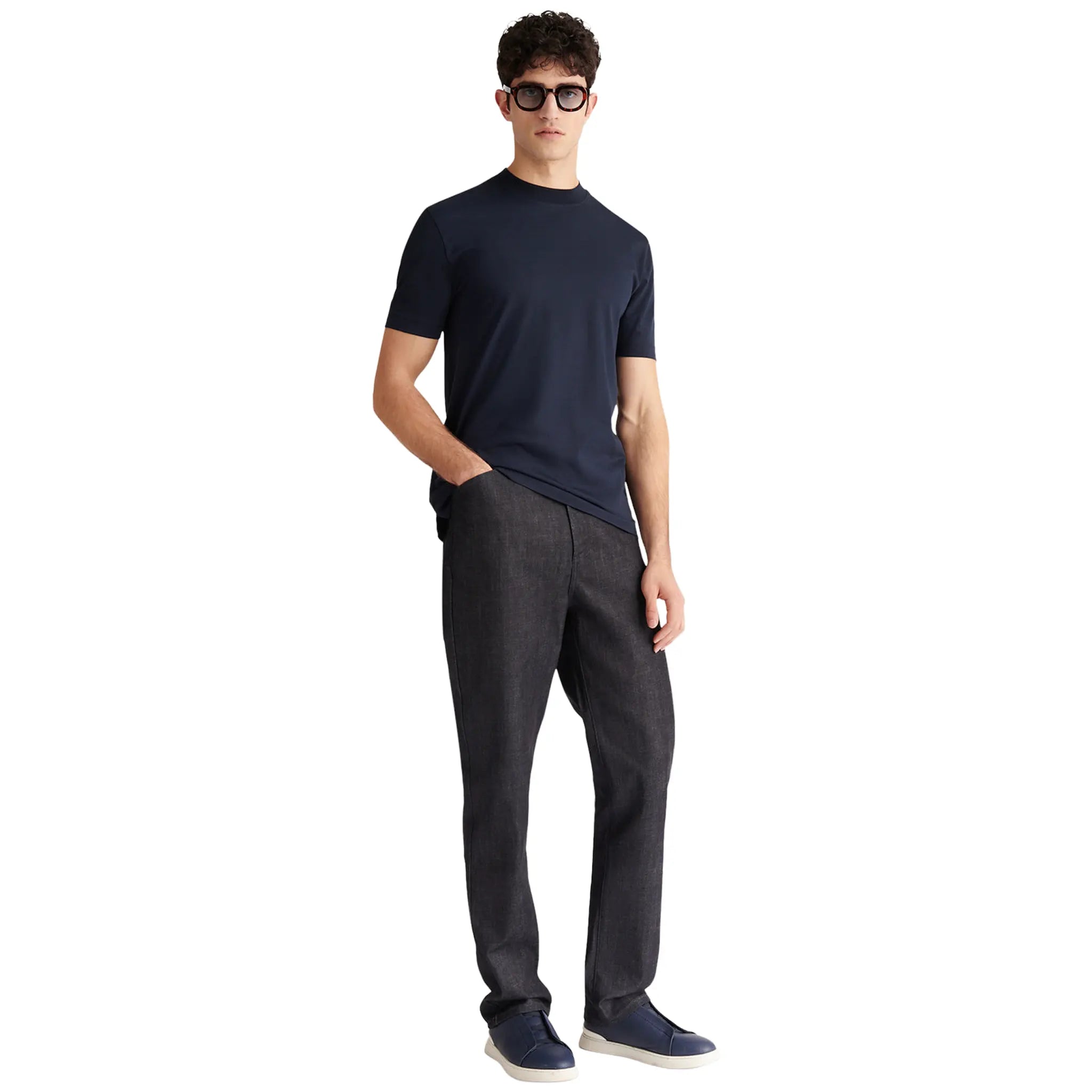 Front View of Peckham Rye Devonshire Mercerised Cotton Dark Sapphire Navy T-Shirt