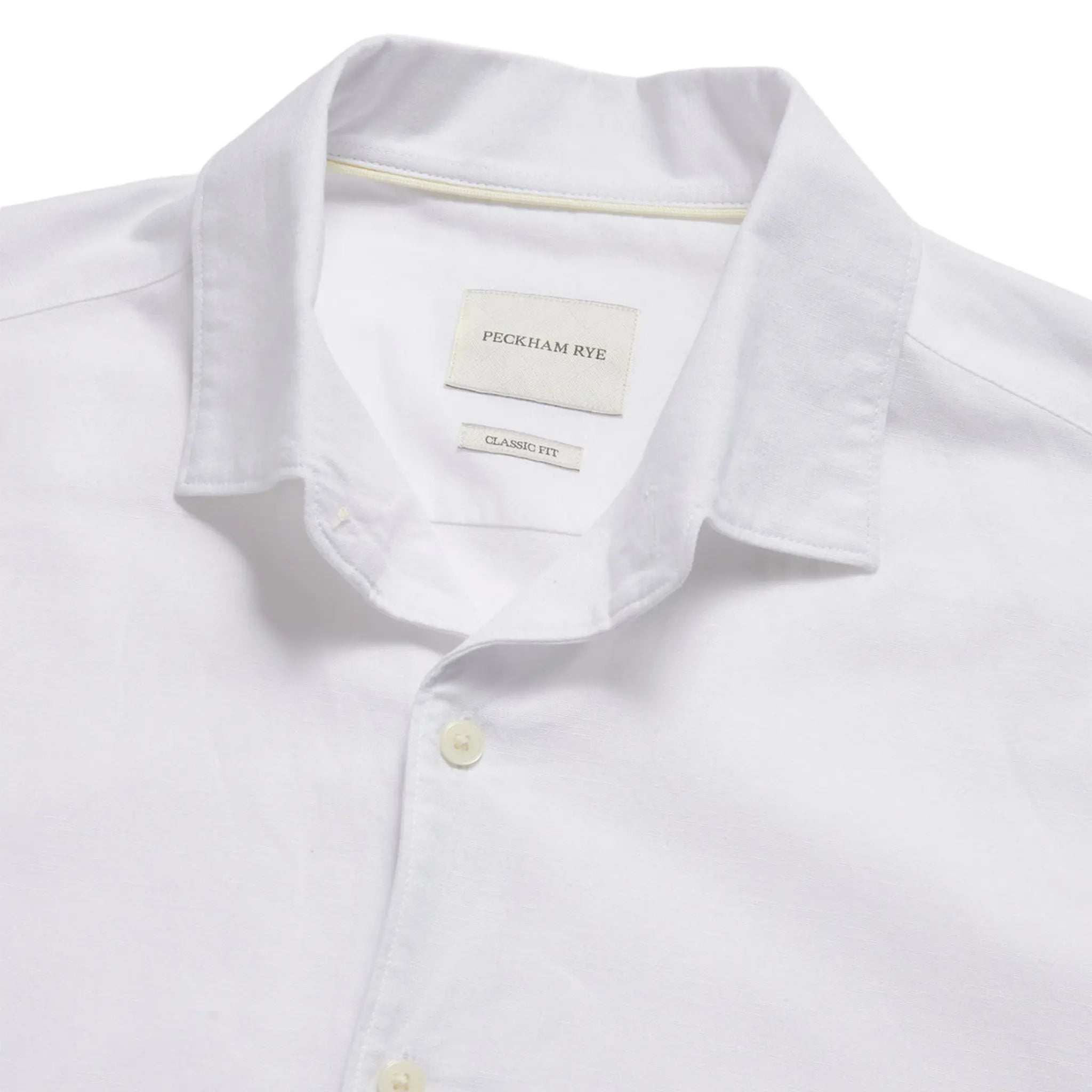 Neck View of Peckham Rye Grove Linen Blend Bright White Shirt