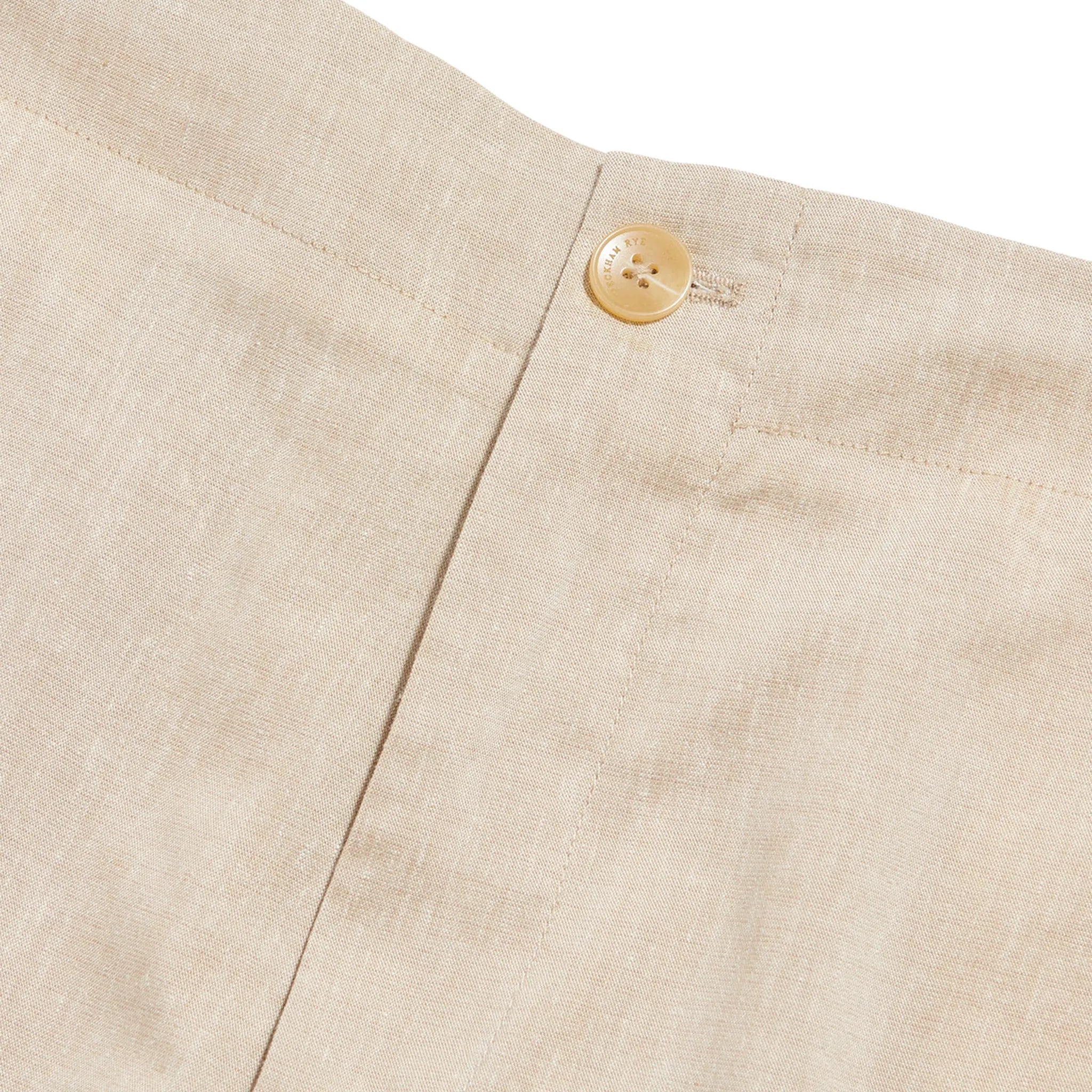 Detailed Front View of Peckham Rye Lido Linen Blend Bermuda Peyote Shorts