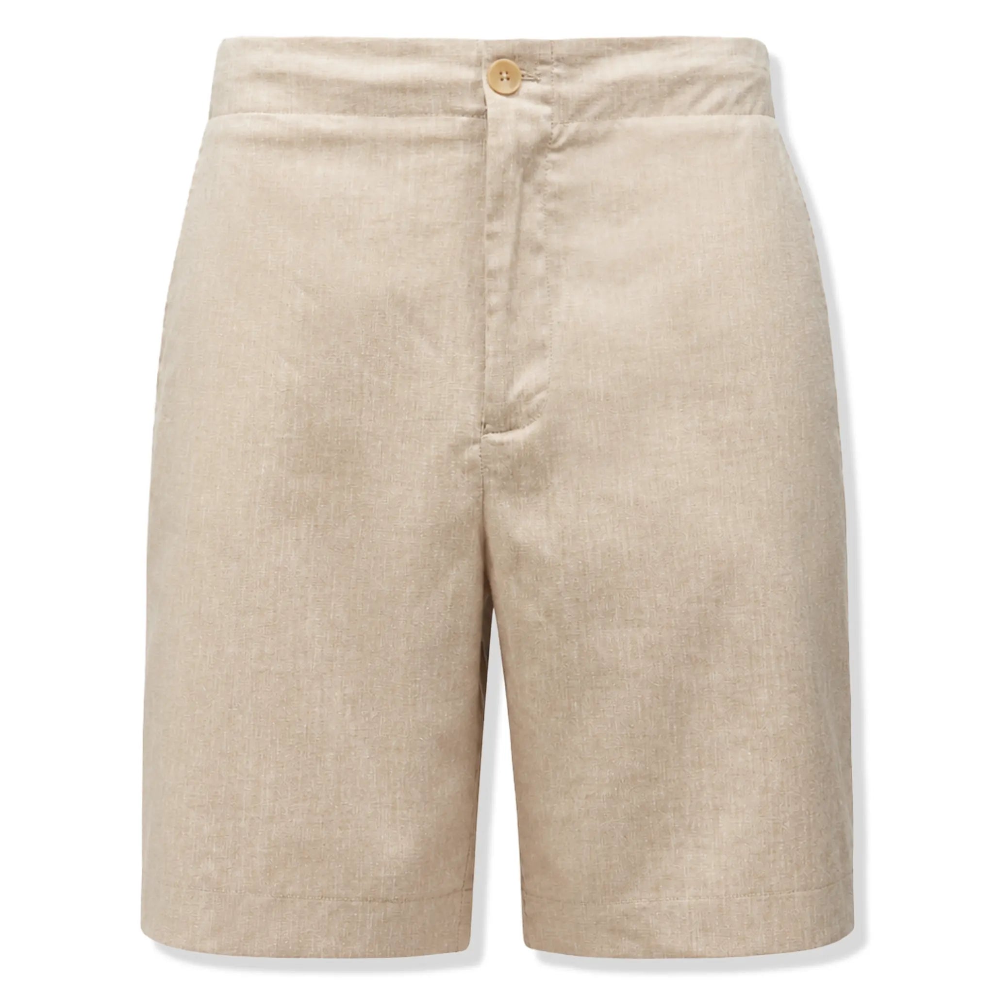 Front View of Peckham Rye Lido Linen Blend Bermuda Peyote Shorts